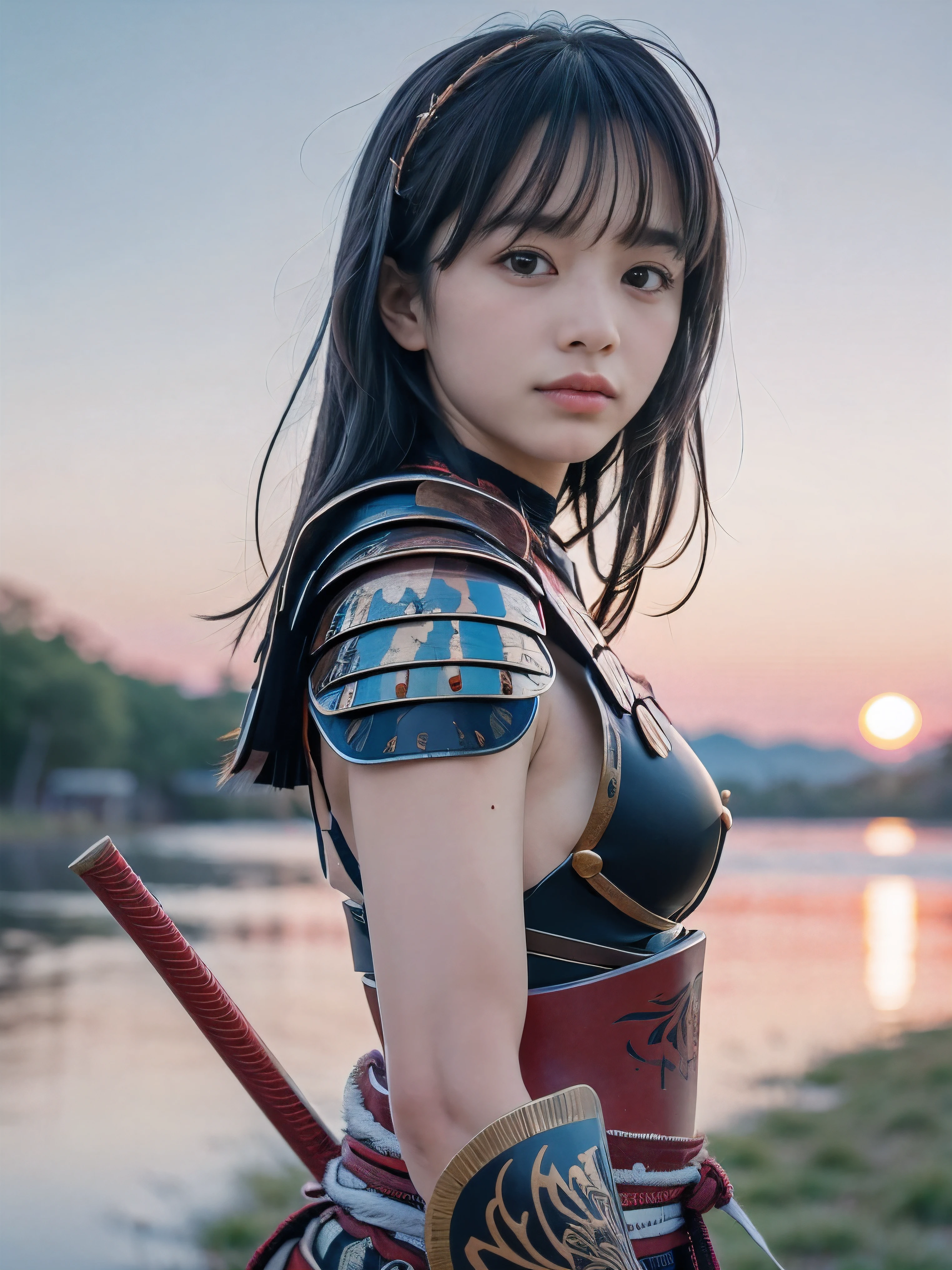 (Close up portrait of one slender small breasts two side up black medium hair with bangs girl in an black colored armor warrior as samurai in Japan:1.5)、(One girl is  lying with her back behind on the grassland in Japan with small smile:1.3)、(Beautiful sunset red sky:1.5)、(blurred background:1.5)、(Natural light:1.5)、(8k ultra detailed master piece:1.5)、(perfect anatomy:1.5)、(Photorealistic stick:1.5)、(Raw photo:1.3)、(highest quality:1.5)、(High resolution:1.3)、(Delicate and beautiful perfect face:1.3)、(Delicate and beautiful eye air skin:1.3)、(Real Human Skin:1.3)、((thin legs))