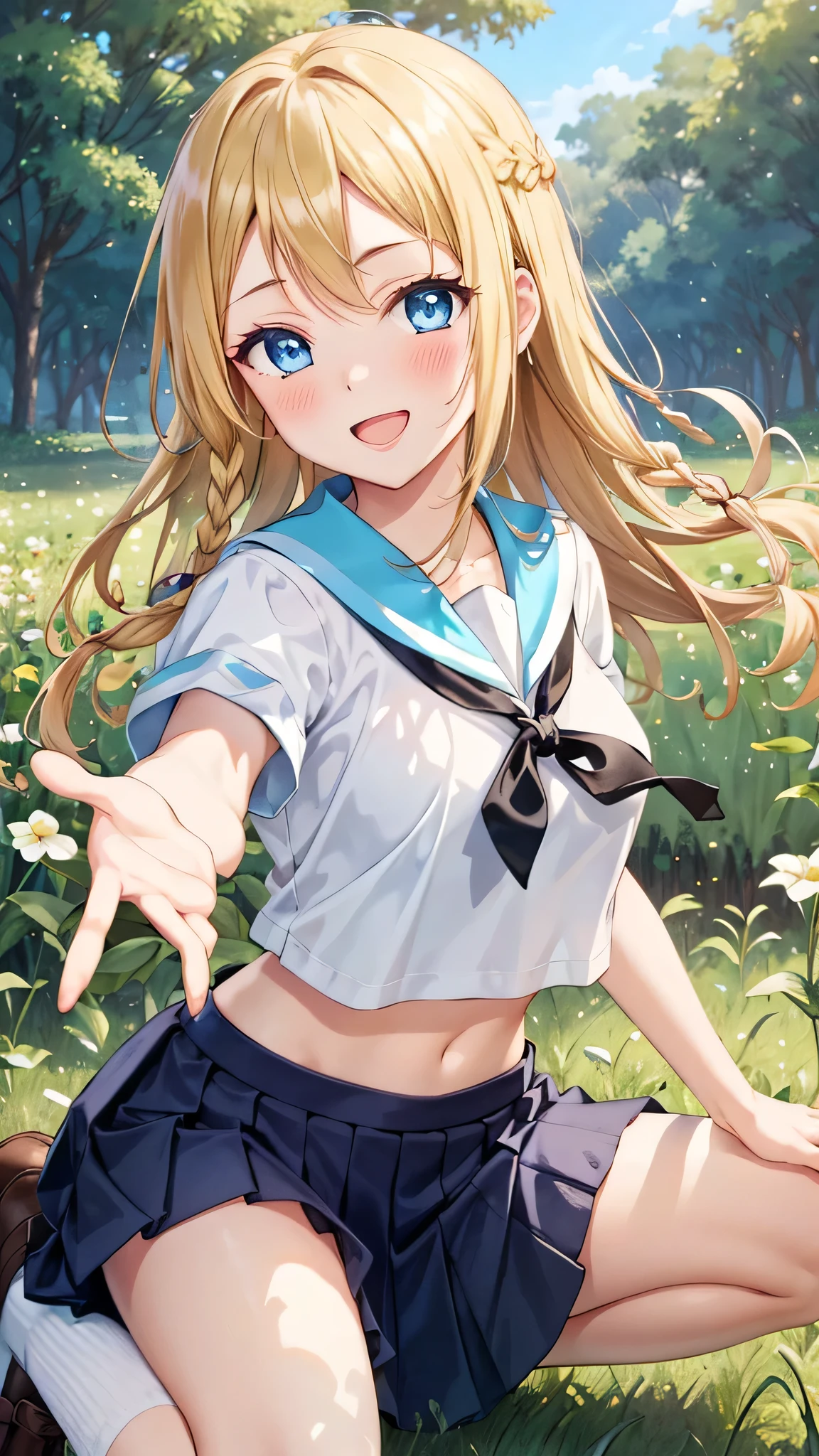 1girl, pokemon, lilie, pokemonlilie, looking at viewer, upper body, full body, (cowboy shot:1.5), , blonde, outdoors, nature, sky, cute, happy, nice smile, young, bright sunlight, (masterpiece:1.2), best quality, high resolution, unity 8k wallpaper, lighting from below, lighting from the front, (illustration:0.8), (beautiful detailed eyes:1.6), extremely detailed face, perfect lighting, extremely detailed CG, (perfect hands, perfect anatomy), upper body, spread legs, portrait,(High quality, High resolution, Fine details), playground, (brm), (Dark blue buruma), (hachimaki), (white gym uniform), solo, curvy women, black hair, sparkling eyes, (Detailed eyes:1.2), smile, blush, Sweat, Oily skin, Waist Shot, shallow depth of field
