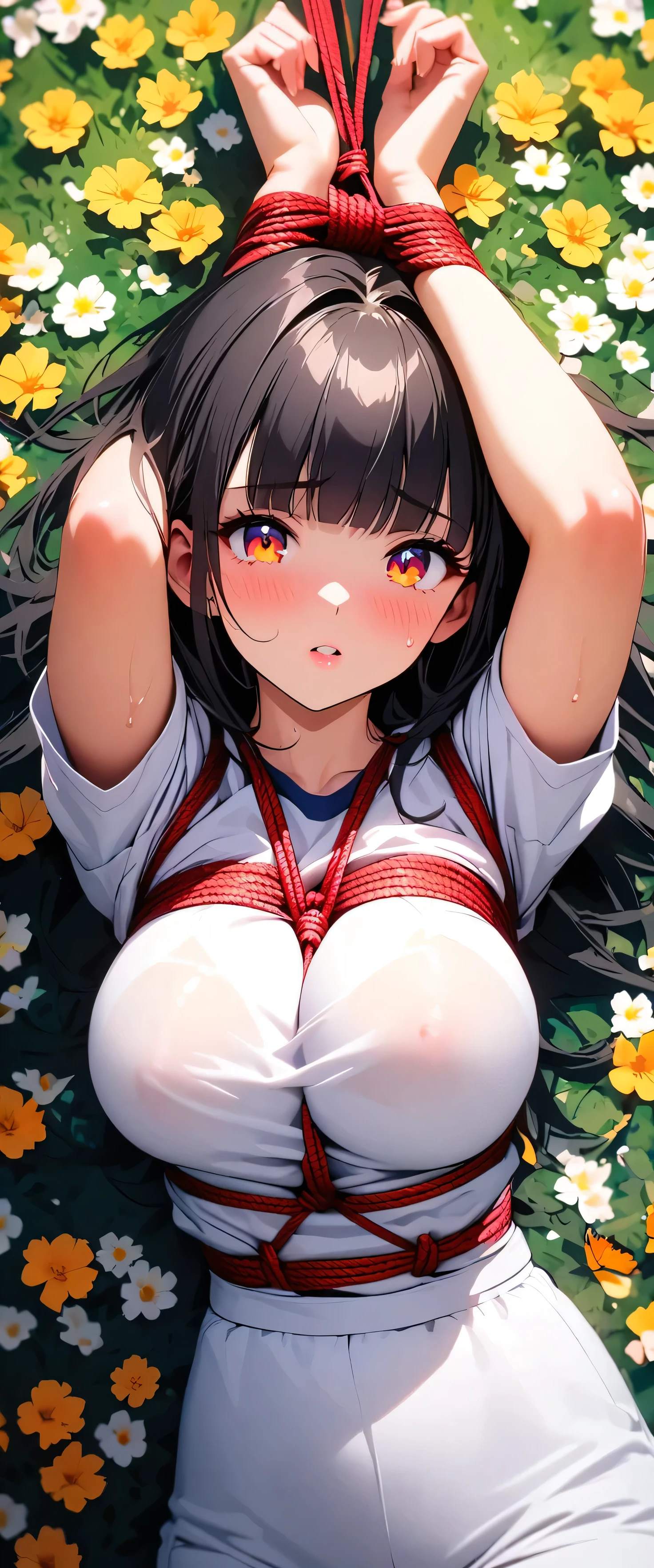 (beautiful girl: 1.3),1girl,masterpiece, Highest quality, Ultra-high resolution,rich contrast,super high quality,8k,Highly detailed CG unit wallpaper,texture,Incredibly absurd,Ultra-high resolution,RAW Photos,Depth of Field 1.2,(blunt bangs,medium hair,Black Hair),Ultra-detailed eyes,Glowing Skin,sweat,Glitter effect,Beautiful glossy lips,(school gym clothes:1.2),Short sleeve,(bound,Bondage,breast,Bondage,Shibari),(Large Breasts),Flower Field,butterflies in flowerbed