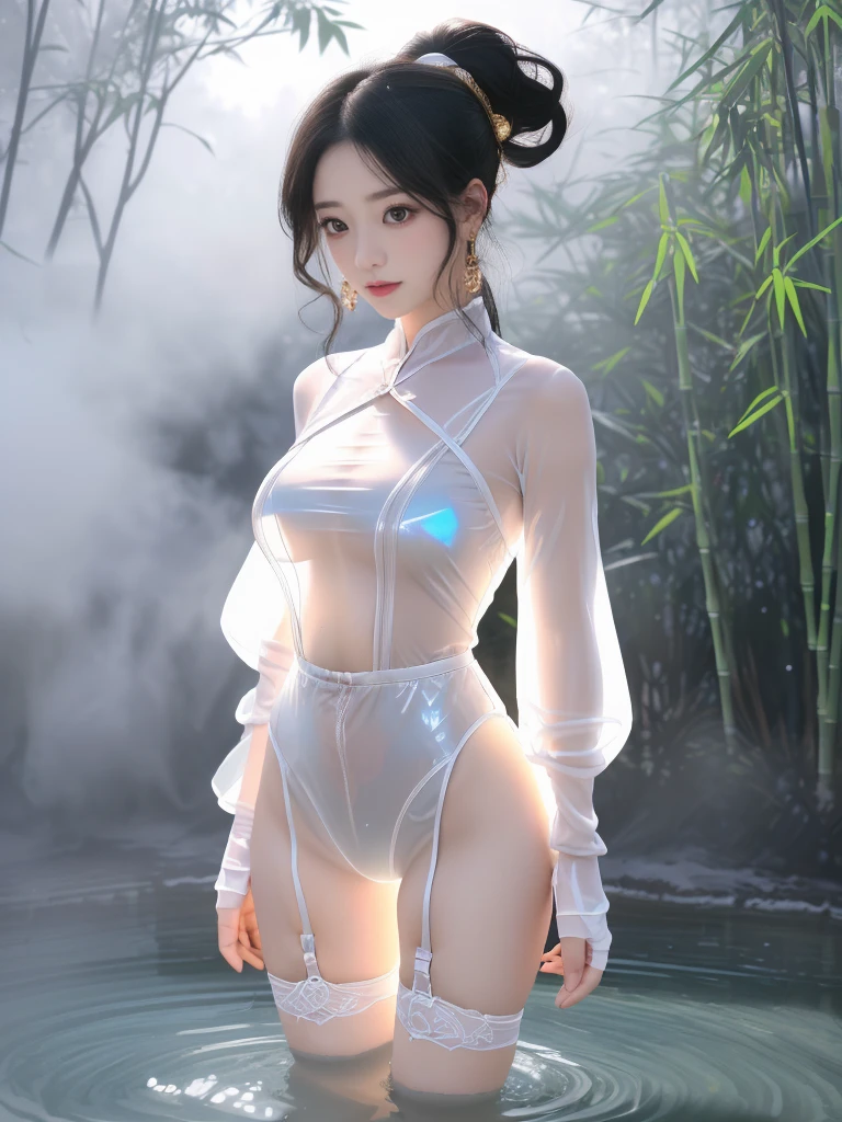 ((A woman)), 美丽脸庞的Sexy中国华裔女明星, Wearing loose transparent latex clothing, Wear dark T-pants, (((Light theme, Exposing the subject, Sexy主题)))
((Transparent clothes: 1.5), (Revealing clothes: 1.5),  (Wet clothes:1.0), (Color of clothes: Bright pink), ((Wearing transparent clothing)), ((Irregular transparent clothing)))
(((night, Private hot spring, Surrounded by fog, bamboo forest, Standing in the water, Snow Scene))),
((desktop:1.0), (:1.4), (high resolution:1.2), (Reality:1.4))
((8K Ultra HD, 8K, 超high resolution, Best quality, Super Fine, Clear focus. Masterpieces, complete pattern, Ultra HD, Detailed photos, Best image quality，Ultra-clear，Delicate facial features，Well-defined, Highly rated works, Close-up depth of field photography, Above the knee, Symmetrical character)), 
((Creating the image of a real girl), Realistic shadows, Soft lighting, Dynamic Angle, Dynamic poses, Elegant Posture, Cowboy lens, Full body front view, Be confident, Facing the camera, Eyes looking towards camera lens, Standing posture, Open your legs slightly, Golden Ratio Graphics, Minimalism, Center the character), 
( Smile, Sexy的, Balanced Eyes, Realistic eyes, Beautiful details of the eyes,Pretty Face, (Realistic face), Normal facial features, Realistic skin, Pay attention to skin details, Skin is clean and radiant, Whitening, Anatomically correct body, Golden ratio figure, Sexy的身材), 
(Perfect makeup, Gloves, earrings, bracelet, necklace, Jewelry, Hair accessories, shawl, sock, Knee socks, 吊garter, Leg ring, garter, 腿部garter), 
((beautiful hair), Dark black hair, Wavy curly hairstyle, Waist-length hair, Messy Hairstyle, Gradient hairstyles, Cyberpunk Hairstyle, High double ponytail hairstyle), 
(Sexy的, Perfect breast shape, Teardrop chest shape, Snow-white breasts, Very detailed breasts, 34C cup), 
(Super high waist, Deep V, Low-cut, Sexy, Flattering, Open crotch, (Clear camel toe, (High fork strangulation))),
(((Clear outline, Clear underwear, 透明Sexy的穿着)))