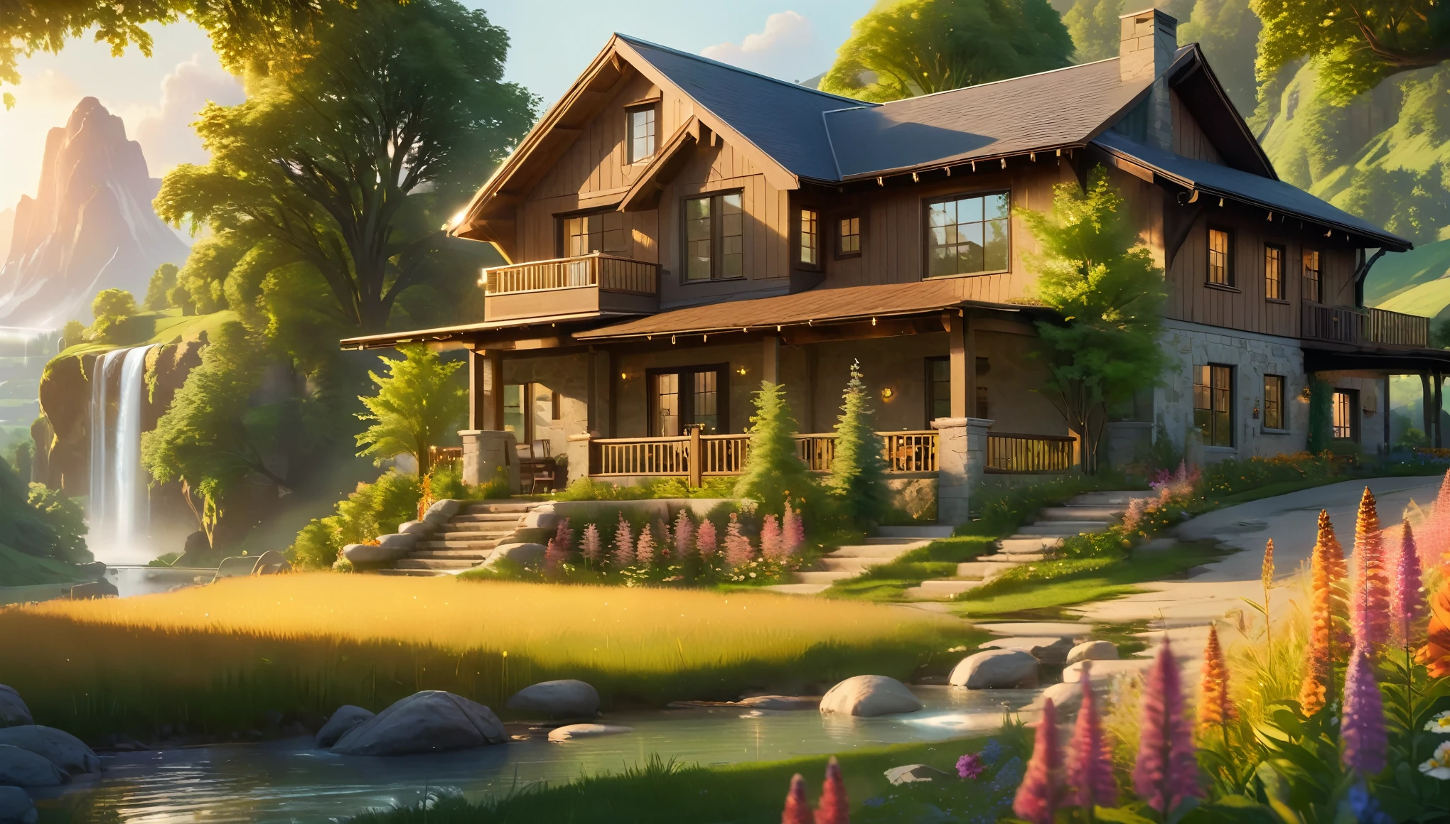 photorealistic, Extremely Realistic, a beautiful modern farmhouse in a peaceful valley, lush green meadows, vibrant wildflowers, towering trees, a cascading waterfall, serene landscape, idyllic countryside, warm natural lighting, photorealistic, 8k, highly detailed, cinematic composition, harmonious color palette, golden hour lighting, dramatic shadows, intricate foliage, crystal clear water, reflections, serene atmosphere, tranquil ambiance