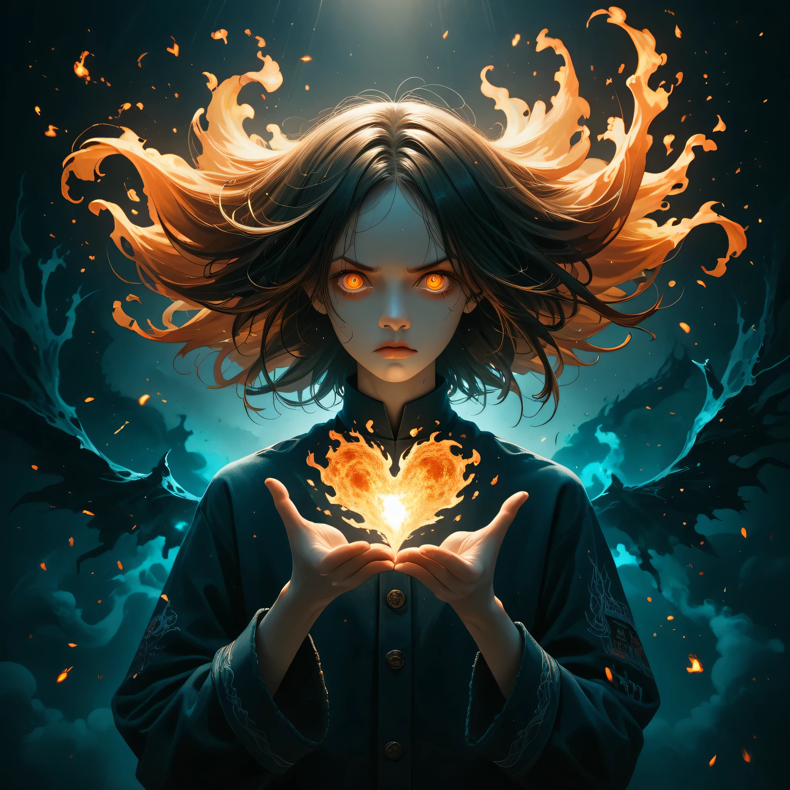 Depict a young Japanese female student standing alone in a vast darkness, her hand outstretched towards a tiny, glowing light. Her determined eyes reflect hope amidst despair. Surround her with swirling, ethereal flames that form heart shapes, symbolizing her inner strength. The background should evoke a dark RPG fantasy setting, with distant, shadowy figures and ominous structures barely visible. Use a color palette dominated by deep purples, blues, and flashes of fiery orange.