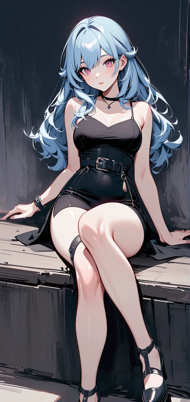 masterpiece, 最好of质量, 聪明of, 强of, of, 有着长长of卷曲金发of美丽女人, blue eyes, Black mini skirt, High heel, leather jacket