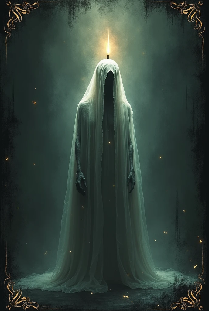 A glowing, eerie pocong ghost in a traditional Indonesian shroud, floating in a misty, moonlit forest. Tall, shady trees surround it, and fireflies create a magical yet spooky atmosphere. The ghost's eyes glowed softly, and a mysterious faint mist swirled around its feet.photo realistic, high resolution