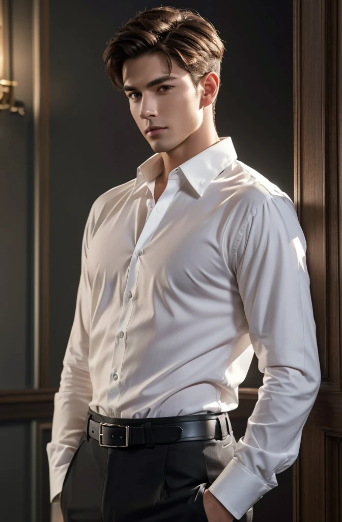 "Create realistic images, High resolution photo with a handsome Korean guy, Heterochromatic eye, He was wearing a loose white shirt and white jeans...,nice skin,half body portrait,Open it up...,short light brown hair.,strong
