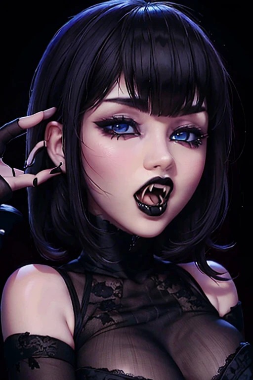 Masterpiece, Best Quality, gothic girl ,attacking the viewer, impresionantes teeth fangs, perfect detailed 12k, perfect asymmetrical and detailed face, blue eyes white skin ,gothic makeup, short black hair with bangs, full HD imagen 1.2 full body