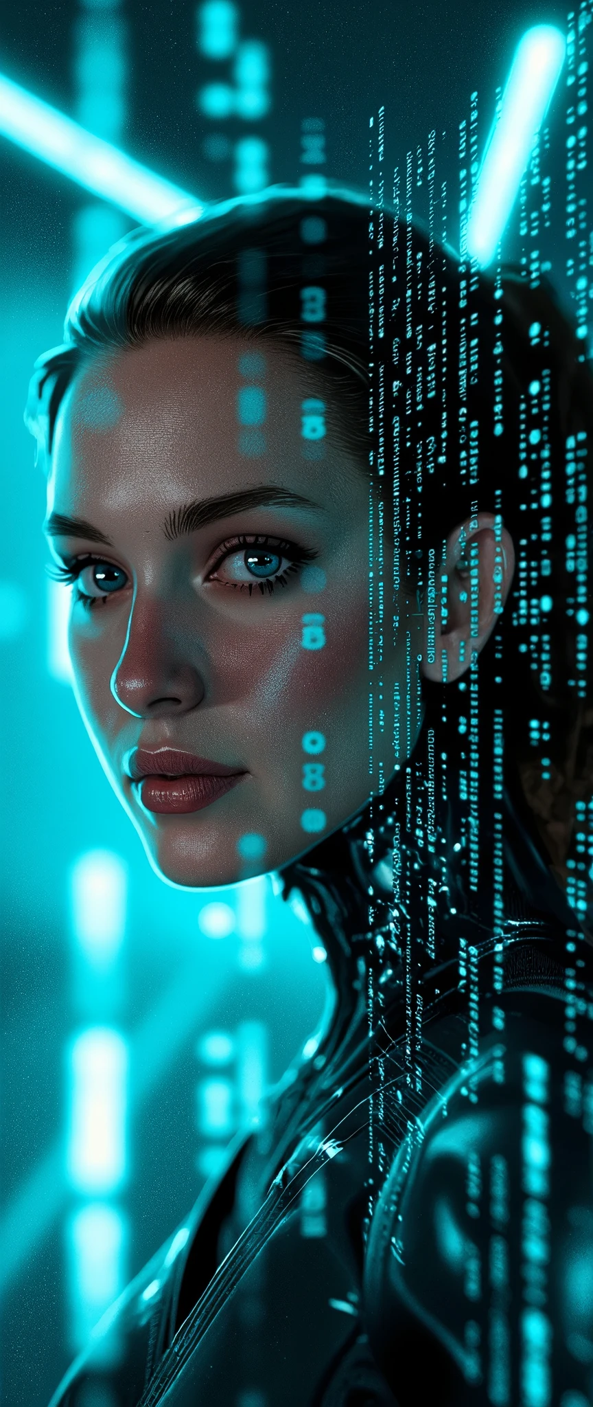 (masterpiece:1.2,Exceptional Quality,Mirror-like,Cinematic Experience,Photorealistic:2.0,RAW Photos:2.0,Super detailed),8k,wallpaper,(A wall of digital data displayed using holograms:2.0),(Beautiful woman:2.0),(Female Cyborg:2.0),(背景はFemale Cyborgの上半身のアップ:2.0),(Detailed computer data drawing:2.0),(Beautiful Face),(Beautiful Eyes),(Beautiful Hair),(Cool eye-catcher with 3D animation:2.0),(Cyberpunk:2.0),(SF:2.0)