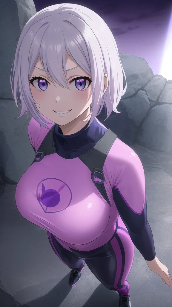 Erotic、Lisanna、Short grey hair、Big Breasts, Alone、 Pink wetsuit　Rash guard, Purple evil background、 Best Quality, Detailed face, Detailed eyes, High resolution,、Evil female executive、An evil condescending smile、Sexy pose、Fallen into evil、Fall into Darkness、Dark Side、excited、lure