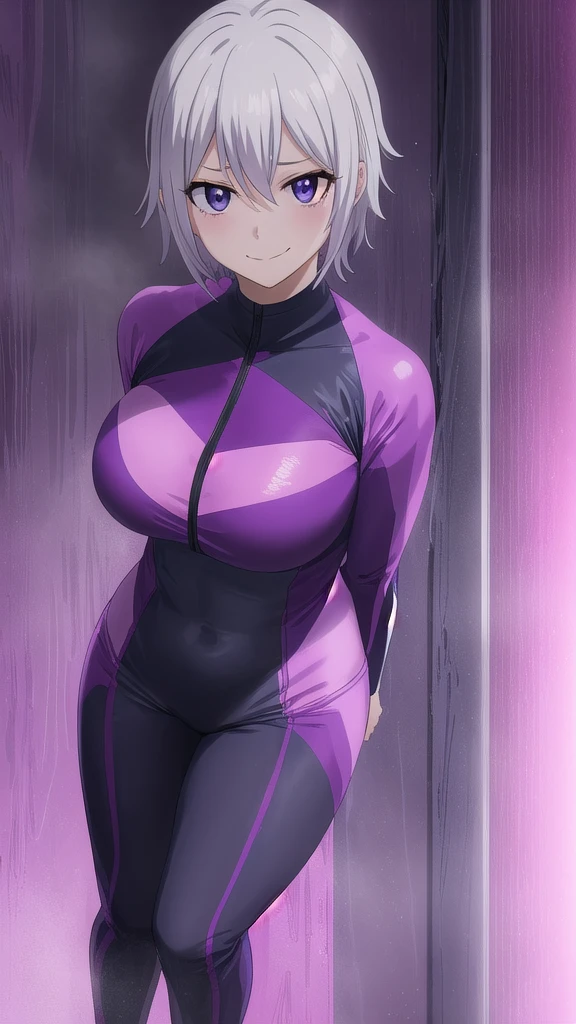 Erotic、Lisanna、Short grey hair、Big Breasts, Alone、 Pink wetsuit　Rash guard, Purple evil background、 Best Quality, Detailed face, Detailed eyes, High resolution,、Evil female executive、An evil condescending smile、Sexy pose、Fallen into evil、Fall into Darkness、Dark Side、excited、lure