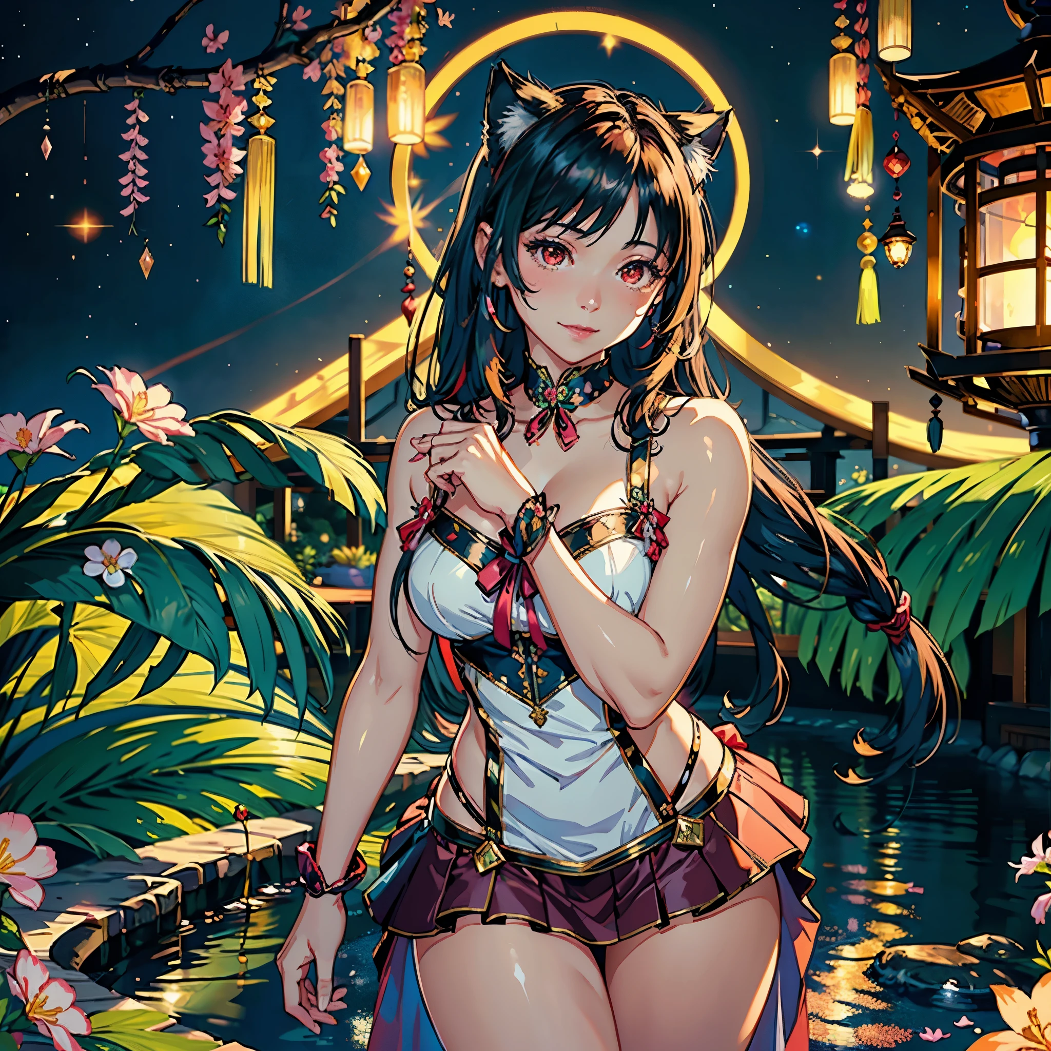 (highest quality, masterpiece, High resolution)、(anime art)、bright light、brown eyes、(Cat ear)、long hair、hair ornaments、choker、Cute face details、enchanting smile、small breasts、whole body、((sakura tropical background))、 red gold black dress outfit,  red gold black outfits(best quality,4k,8k,highres,masterpiece:1.2),ultra-detailed,(realistic,photorealistic,photo-realistic:1.37),acrylic painting,beautiful Indonesian model in a red Lolita dress with downy hair,beautiful Indonesian model with extremely colorful hair and detailed facial features,beautiful Indonesian model standing in a beautiful garden surrounded by a starry sky,beautiful Indonesian model wearing a vibrant Lolita dress,beautiful Indonesian model with intricate accessories,beautiful Indonesian model posing gracefully,beautiful Indonesian model with long flowing long hair,beautiful bright brown eyes and rosy lips,beautiful Indonesian model with a joyful expression,beautiful Indonesian model in a dynamic pose with cherry blossoms falling around her,beautiful Indonesian model surrounded by colorful flowers and butterflies,beautiful Indonesian model's dress adorned with cute bows and lace details,beautiful Indonesian model with an enchanting smile,beautiful Indonesian model with soft, pastel-colored shading,beautiful Indonesian model with a magical glow illuminating her,beautiful Indonesian model in a picturesque setting with a winding path leading to a magnificent castle,beautiful Indonesian model with a fairytale-like background,beautiful Indonesian model with a soft, dreamy atmosphere,beautiful Indonesian model with a subtle bokeh effect,beautiful Indonesian model standing under a moonlit sky,beautiful Indonesian model with a warm, golden sunset in the background,beautiful Indonesian model surrounded by twinkling stars and colorful nebulae,creating an ethereal and captivating artistic, cat ears, smiling 