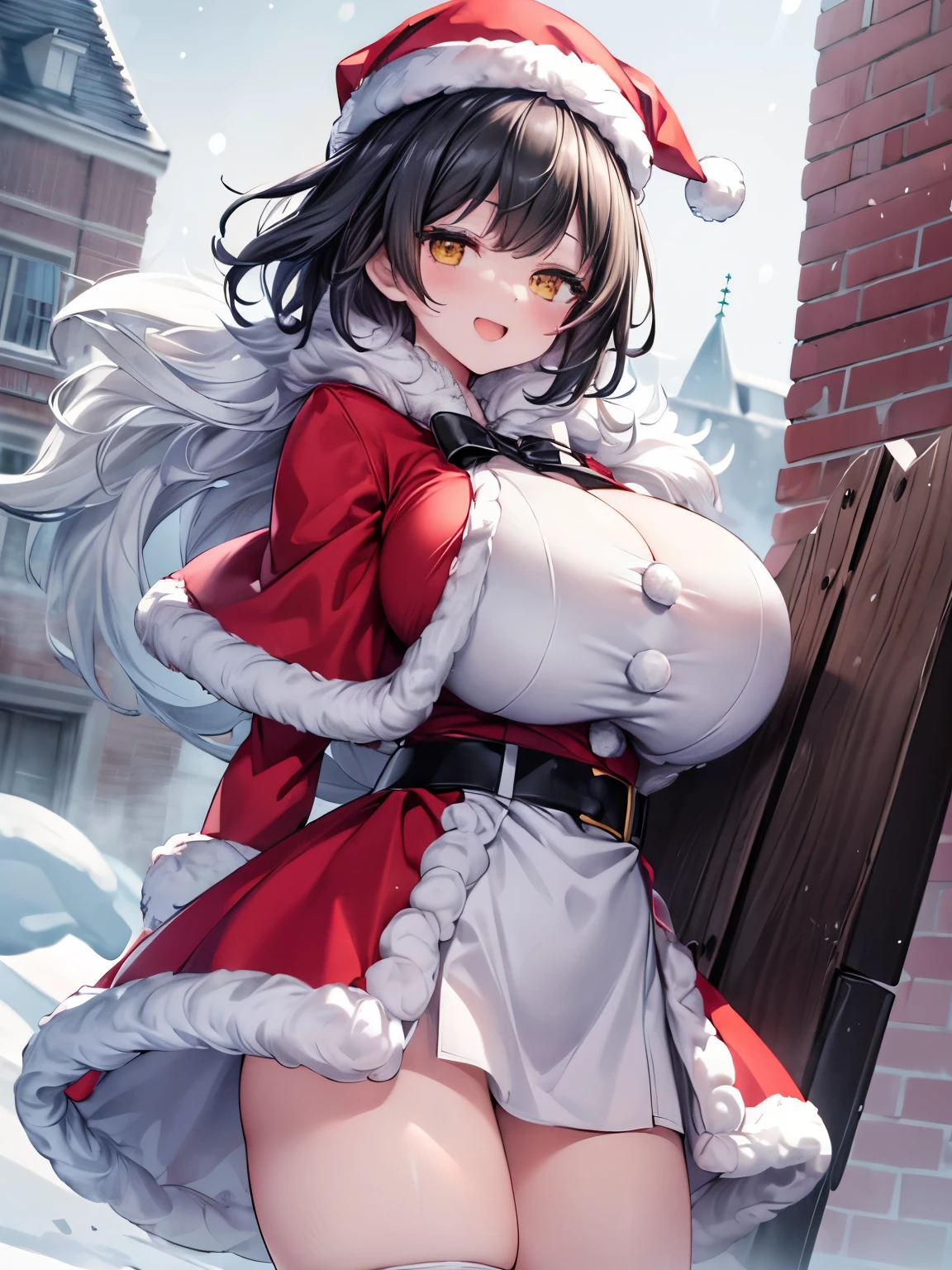 1 girl, game CG, mini Santa Claus costume, Santa Claus hat, gigantic breasts, silver hair, short hair, french braid, yellow eyes, one eye closed, smile, snow, steam, night,