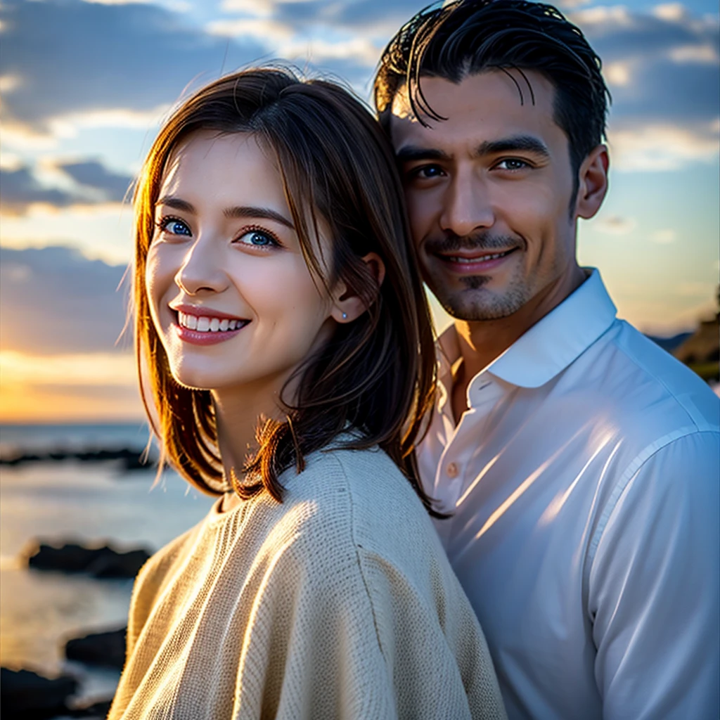 (8k, Top Quality, Masterpiece:1.2), (Realistic, Photorealistic:1.37), Super Detail, 1 Naked Girl and 2 Clothed Men in Rough Clothing, Cute, Beautiful Detailed Sky, Dating, (Nose Blush), (Smile:1.15), (Closed Mouth) Small Chest, Beautiful Detailed Eyes, (Long Hair: 1.2), Floating Hair