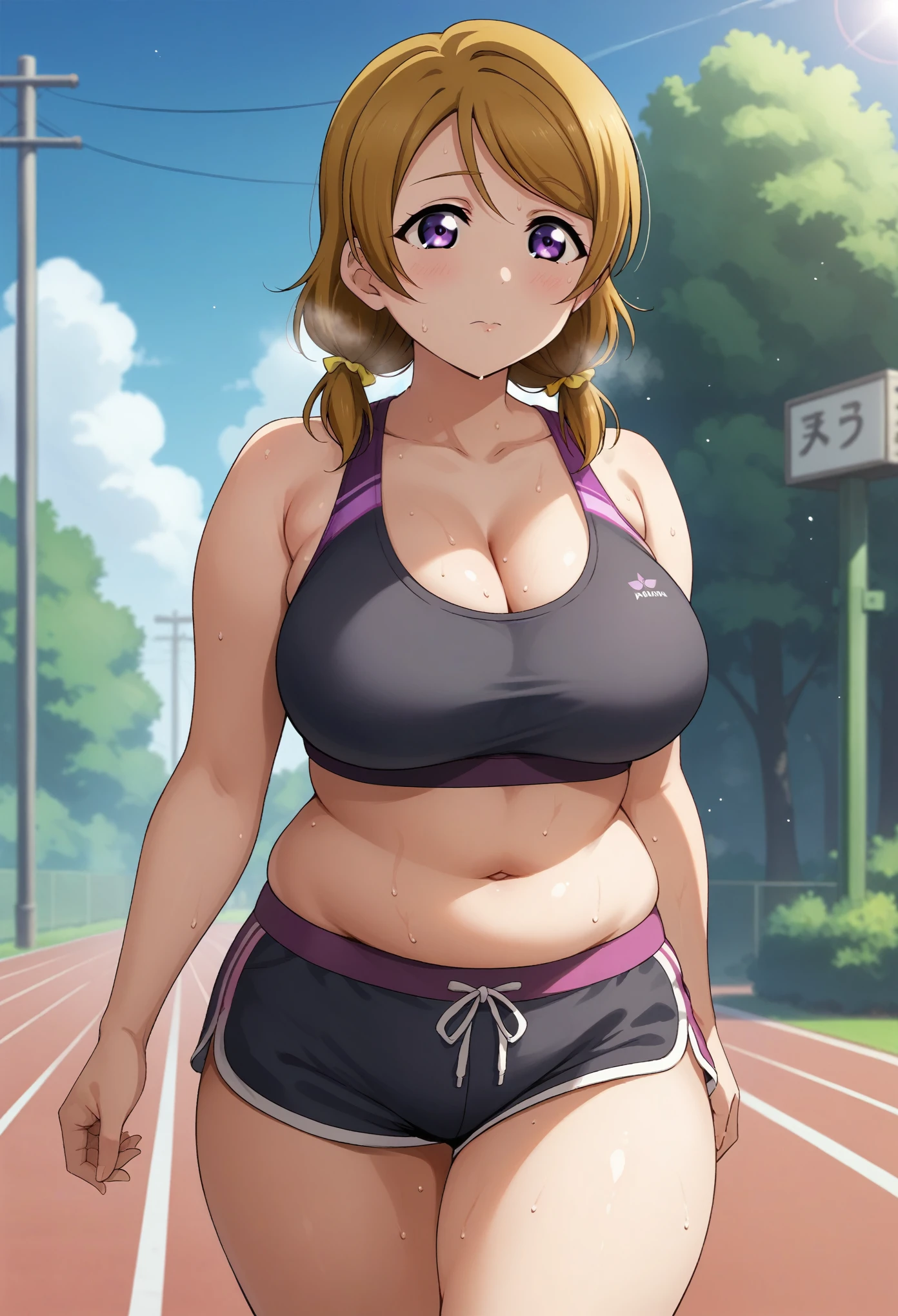 (Masterpiece, Best Quality, High Quality), shiny art,anime style, love live all stars art style, love live!,cowboy shot,volumetric lighting, beautiful, perfect lighting, perfect shadows, brown hair , Koizumi hanayo,id_hanayo_koizumi, medium hair,hanayo Koizumi, 1girl, low twintails, hot shorts, sports bra, plump,thick fat thighs,fat crotch, wide hip, big breasts ,cleavage, standing,Purple eyes, sweating, outdoors 