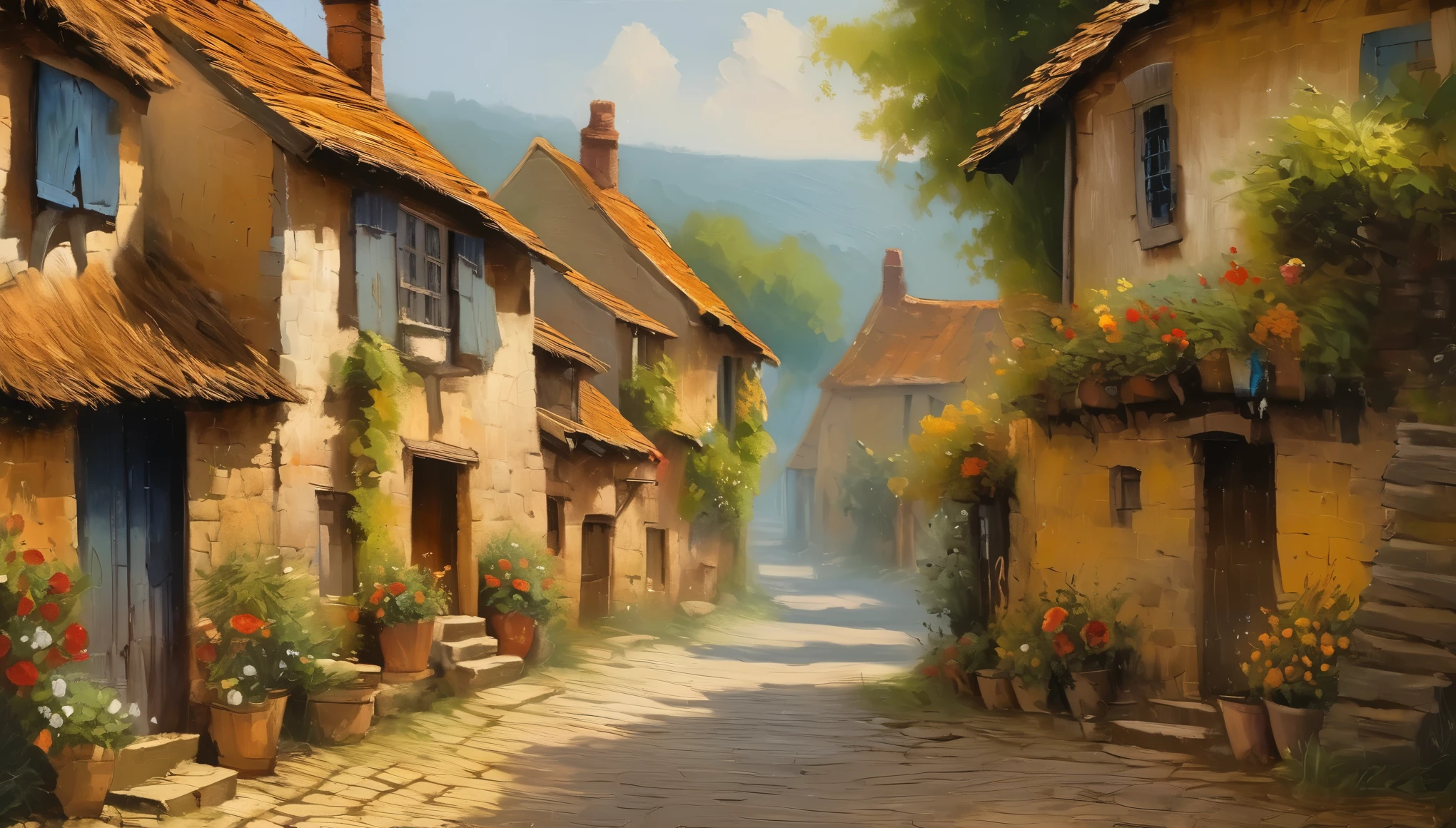 17th century village, detailed and intricate environment, oil painting, palette knife soft brushstrokes, heavy strokes, dripping paint, art station on trend, sharp focus, intricate details, highly detailed