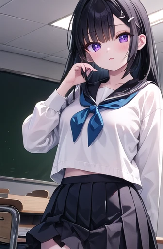 miyakoohtsuka, miyako ohtsuka, long hair, bangs, hair ornament, hairclip, black hair, (purple eyes:1.1),
BREAK skirt, long sleeves, school uniform, pleated skirt, serafuku, sailor collar,
BREAK indoors, classroom,
BREAK looking at viewer, (cowboy shot:1.5),
BREAK (masterpiece:1.2), best quality, high resolution, unity 8k wallpaper, (illustration:0.8), (beautiful detailed eyes:1.6), extremely detailed face, perfect lighting, extremely detailed CG, (perfect hands, perfect anatomy),大きい胸