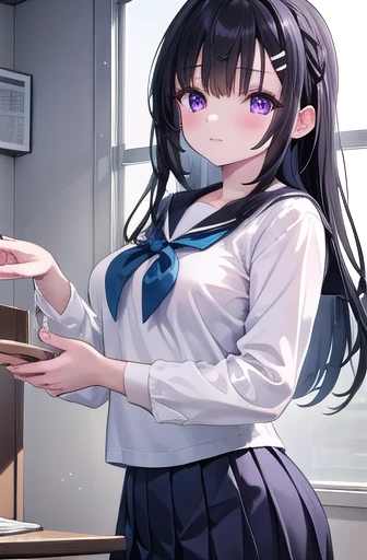 miyakoohtsuka, miyako ohtsuka, long hair, bangs, hair ornament, hairclip, black hair, (purple eyes:1.1),
BREAK skirt, long sleeves, school uniform, pleated skirt, serafuku, sailor collar,
BREAK indoors, classroom,
BREAK looking at viewer, (cowboy shot:1.5),
BREAK (masterpiece:1.2), best quality, high resolution, unity 8k wallpaper, (illustration:0.8), (beautiful detailed eyes:1.6), extremely detailed face, perfect lighting, extremely detailed CG, (perfect hands, perfect anatomy),大きい胸