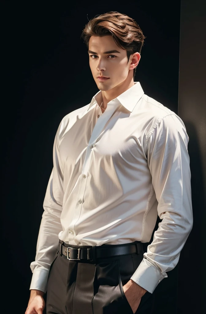 A captivating visual representation of an attractive Caucasian man in his twenties, with a chiseled face and intricately detailed eyes that radiate intensity. His thick eyebrows pair beautifully with his serious expression, while his clean-shaven face adds an air of maturity. He is wearing a crisp dress shirt, neatly tied tie, and a suggestive garter belt and garter strap, peeking out from under the hem of his shirt. His muscular physique is accentuated by a dynamic pose, showcasing his big pectorals and thick thighs. The office area is bathed in cinematic lighting, creating an alluring contrast against the lingerie he wears,