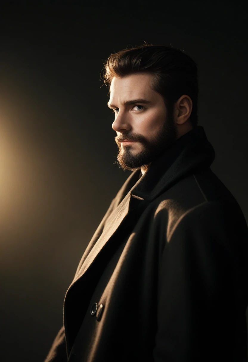 1 boy, ковбойский снимок re8dfield, beard, beard, black coat, Turtleneckvolumetric lighting, best quality, masterpiece, complex details, toning, clear focus, super detailed, Trending on ArtStation, looks at the viewer, Realistic 