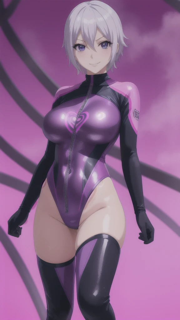 Erotic、Lisanna、Short grey hair、Big Breasts, Alone、 Pink wetsuit　Rash guard, Purple evil background、 Best Quality, Detailed face, Detailed eyes, High resolution,、Evil female executive、An evil condescending smile、Sexy pose、Fallen into evil、Fall into Darkness、Dark Side、excited、lure