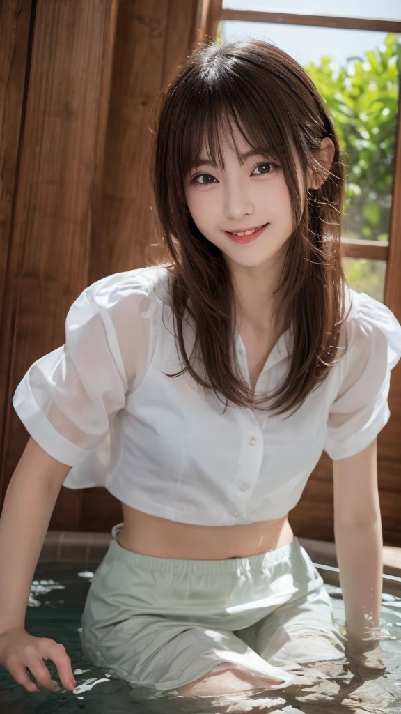 (scissors:1.5,hand up:1.5),(Wearing a light-colored shirt:1.2),A hair salon with chairs lined up,(The skin is wet from sweat:1.3),beautician,looking at the camera,Cleavage,smile,skirtリフト、skirtを手で上げる,woman, 20-year-old, Short Hair、bangs、(skirt),(White lace panties)、Cute earrings,Natural lighting