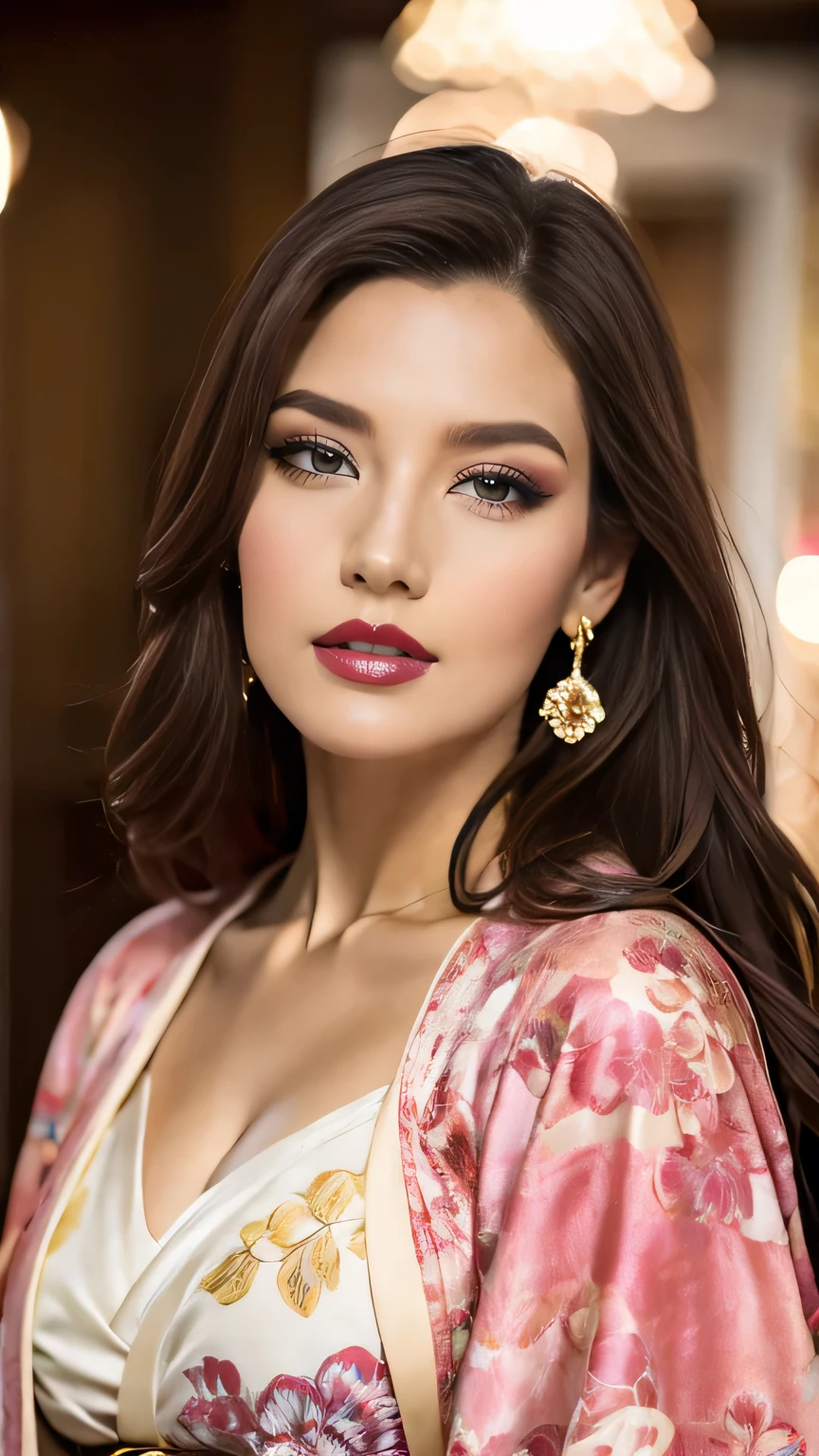 Realistic, Highest quality, 8k, woman, 20-year-old, Sakura pattern kimono, Large Bust, Long Hair, Ultra-detailed skin textures, Soft Lighting, Fairy, Bokeh, coral Lipstick, Sensual Lipstick, Sensational Make up 