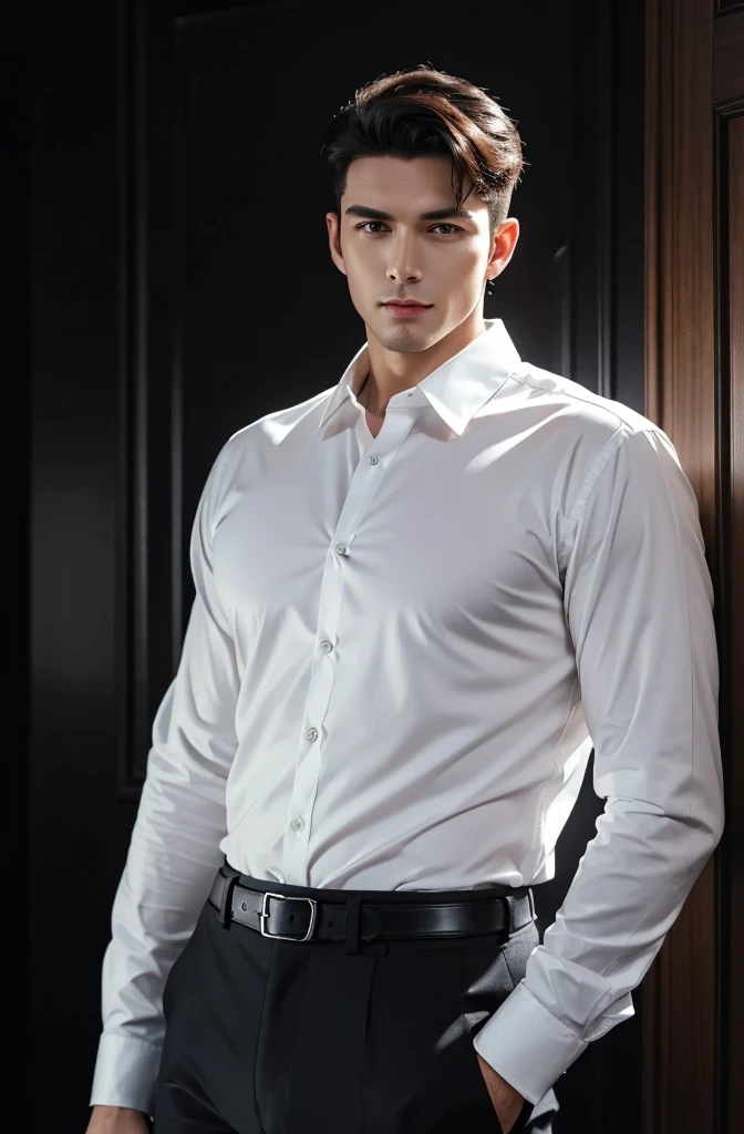 handsome young man,no beard,Approximately 26 years old,A deep and charming face,The shirt lacks perfect body proportions.,black pants,Wear a watch,Overbearing president,High quality,details