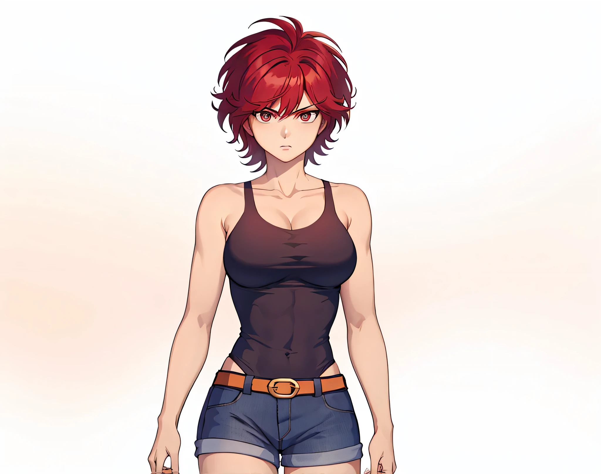 Red HairのAnime Women, Anime Women, Anime Styleキャラクター, clothing:Black tank top, A woman wearing denim shorts, Anime Styleで, Big Breasts, A woman with very large breasts, Anime Style, Anime Style, Muscular Woman, Knight of the Zodiac Girl, Short Hair, Red Hair, In anime style, Feminine and muscular, Skin tight tank top, Bare Arms, Bare shoulders, Alone, looking at viewer, Female focus, Cowboy Shot,