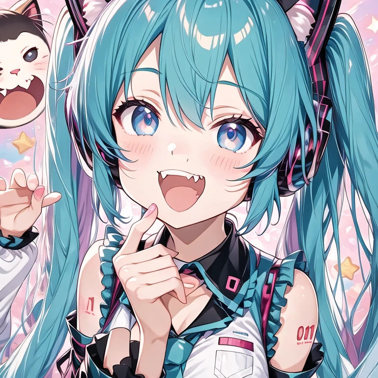  1人のgirl, Alone、girl、Cute sleeves、Cat ear headphones、Brat、cute、Brat、smile、Looking at the audience、 Perfect Face, Horn, Crazy eyes,Hatsune Mikuの衣装、Chest focus、blush、Raise your hand、Skin Fangs、Data Fashion v1、Hatsune Miku、Star Effect、cute、Brat、smile、Looking at the audience、blush、Raise your hand、Skin Fangs、５Finger、(Perfect hands, Perfect Anatomy),