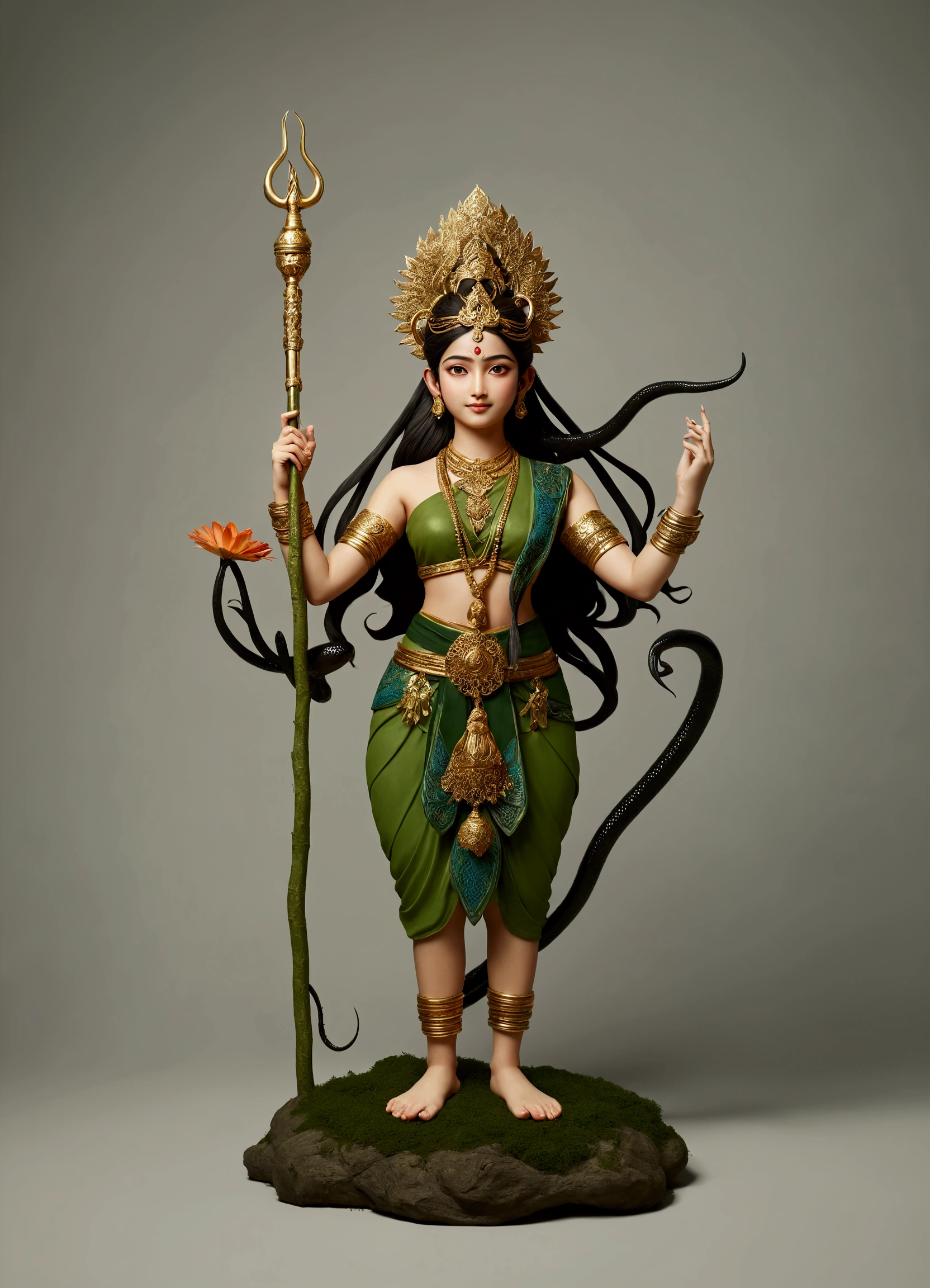 Green-skinned girl with four arms standing in the garden，Young Girl，barefoot , Indian goddess with four arms，She has four arms.，The upper right hand holds a trident halberd，Lower right hand holding a peacock feather fan，Holding a black snake in the upper left hand，Lower left hand mudra。Black snakes coiled around arms and legs，There are also black snakes in the hair，There is a meadow full of flowers under your feet，远处是Daisetsu Mountain，Flowers all around，Forest with trees behind，There are mountains in the distance，Daisetsu Mountain，Beautiful goddess. Extremely high level of detail, divine goddess, female, Indian God, extremely detailed 女神 shot, Charm goddess, Hindu Art