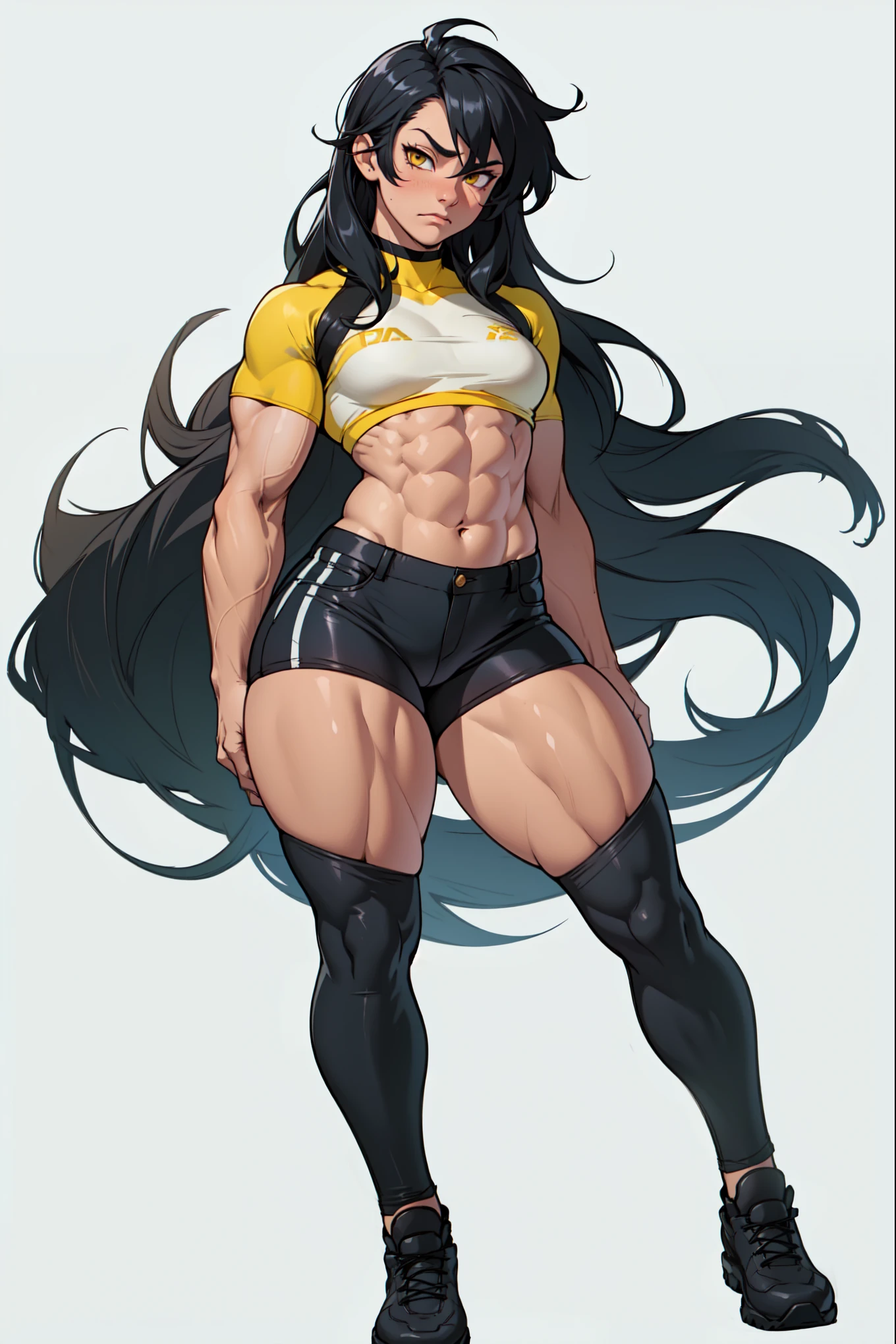 (((muscular))), (thick thighs, small breasts, toned body, 1 girl), black hair, pale skin, yellow eyes, angry, mound, very long hair, hero pose, ((full body))