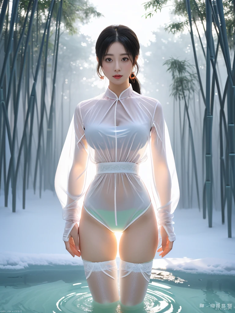 ((A woman)), 美丽脸庞的Sexy中国华裔女明星, 穿着Pink乳胶内衣, Wearing a transparent latex nurse uniform, (((Light theme, Exposing the subject, Sexy主题)))
((Transparent clothes: 1.5), (Revealing clothes: 1.5),  (Wet clothes:1.0), (Color of clothes: Pink), ((Wearing transparent clothing)))
(((night, Private hot spring, Surrounded by fog, Dense bamboo forest, Standing in the water, Snow Scene))),
((desktop:1.0), (Highest quality:1.0), (high resolution:1.2), (Reality:1.0))
((8K Ultra HD, 8K, 超high resolution, Best quality, Super Fine, Clear focus. Masterpieces, complete pattern, Ultra HD, Detailed photos, Best image quality，Ultra-clear，Delicate facial features，Well-defined, Highly rated works, Close-up depth of field photography, Above the knee, Symmetrical character)), 
((Creating the image of a real girl), Realistic shadows, Soft lighting, Dynamic Angle, Dynamic poses, Elegant Posture, Cowboy lens, Full body front view, Be confident, Facing the camera, Eyes looking towards camera lens, Standing posture, Open your legs slightly, Golden Ratio Graphics, Minimalism, Center the character), 
( Smile, Sexy的, Balanced Eyes, Realistic eyes, Beautiful details of the eyes,Pretty Face, (Realistic face), Normal facial features, Realistic skin, Pay attention to skin details, Skin is clean and radiant, Whitening, Anatomically correct body, Golden ratio figure, Sexy的身材), 
(Perfect makeup, Gloves, earrings, bracelet, necklace, Jewelry, Hair accessories, shawl, sock, Knee socks, 吊garter, Leg ring, garter, 腿部garter), 
((beautiful hair), Dark black hair, Wavy curly hairstyle, Waist-length hair, Messy Hairstyle, Gradient hairstyles, Cyberpunk Hairstyle, High double ponytail hairstyle), 
(Sexy的, Perfect breast shape, Teardrop chest shape, Snow-white breasts, Very detailed breasts, 34C cup), 
(Super high waist, Deep V, Low-cut, Sexy, Flattering, Open crotch, (Clear camel toe, (High fork strangulation))),
(((Clear outline, Clear underwear, 透明Sexy的穿着)))