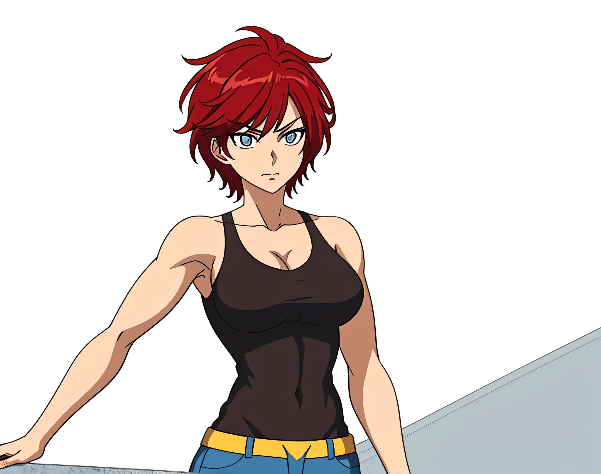 Red HairのAnime Women, Anime Women, Anime Styleキャラクター, clothing:Black tank top, A woman wearing denim shorts, Anime Styleで, Big Breasts, A woman with very large breasts, Anime Style, Anime Style, Muscular Woman, Knight of the Zodiac Girl, Short Hair, Red Hair, Brown eyes, In anime style, Feminine and muscular, Skin tight tank top, Bare Arms, Bare shoulders, Alone, looking at viewer, Female focus, Cowboy Shot,