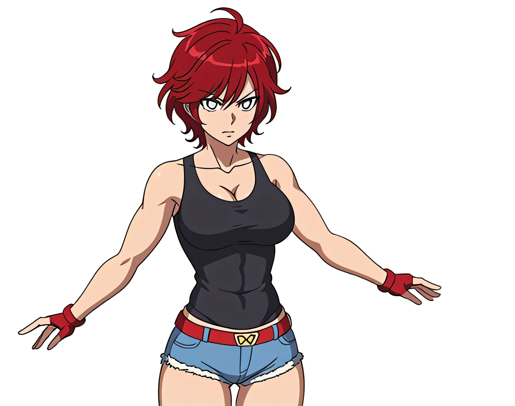 Red HairのAnime Women, Anime Women, Anime Styleキャラクター, clothing:Black tank top, A woman wearing denim shorts, Anime Styleで, Big Breasts, A woman with very large breasts, Anime Style, Anime Style, Muscular Woman, Knight of the Zodiac Girl, Short Hair, Red Hair, In anime style, Feminine and muscular, Skin tight tank top, Bare Arms, Bare shoulders, Alone, looking at viewer, Female focus, Cowboy Shot,