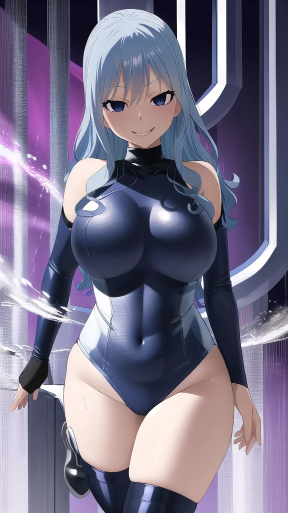  Erotic、Juvia、Light blue hair、Queen、Big Breasts, Alone、 Navy blue wetsuit　Rash guard, Purple evil background、 Best Quality, Detailed face, Detailed eyes, High resolution,、Evil female executive、An evil condescending smile、White knee socks、Sexy pose、Fallen into evil、Fall into Darkness、Dark Side、excited、lure