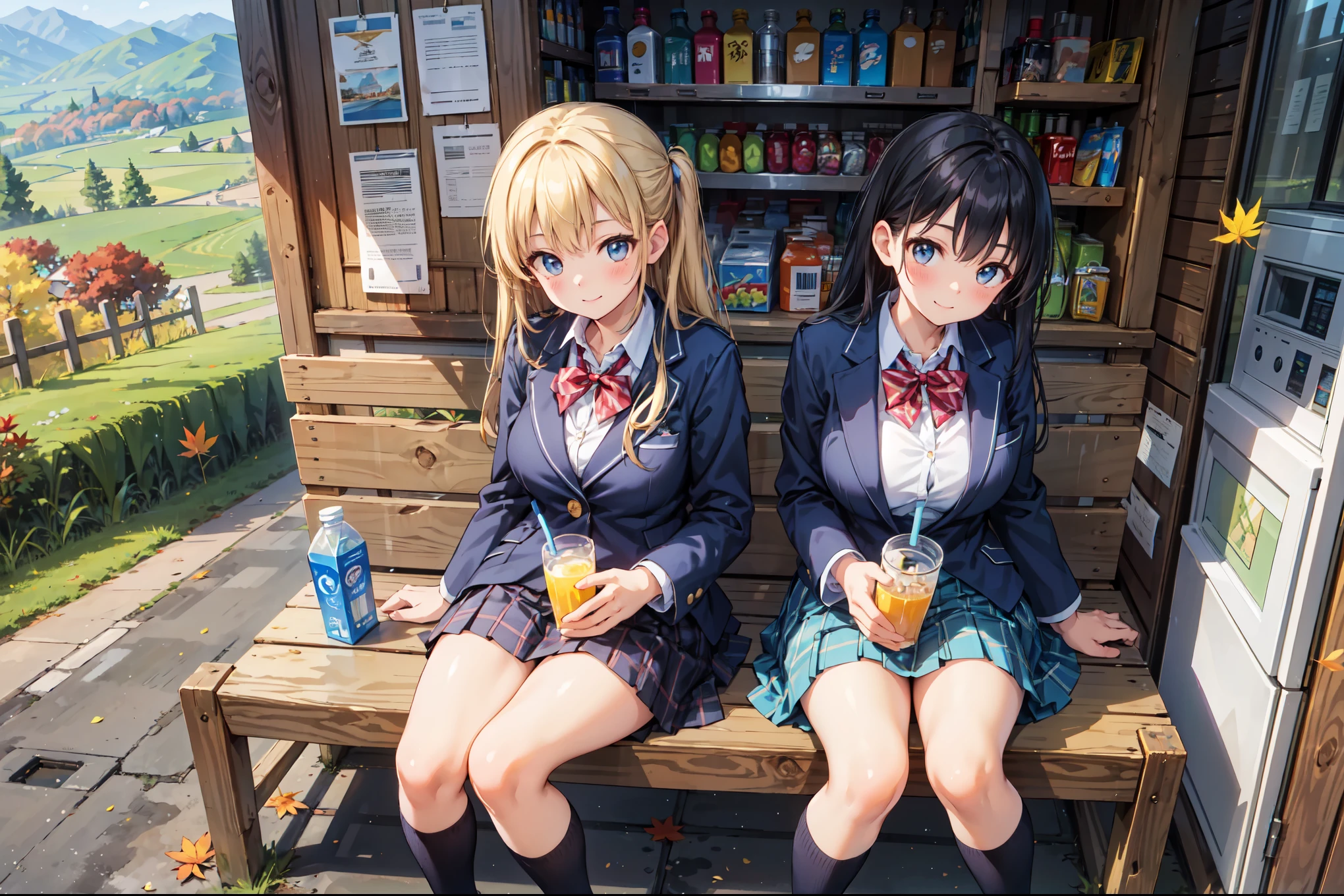 (((Masterpiece, 16k, Highest quality, Ultra-high resolution, Depth of subject))), ((Very detailed, Japanese countryside scenery, autumn leaves)), (((High school girl in blazer uniform, 2 people, skirt, Big Breasts))),Beautiful girl in great detail, Very accurate body structure, Very precise body movements, Very cute smile, On the way home, 3pm, Peaceful scenery, Warm sunshine, Old wooden shop in the countryside, The shop sign is very old, Japanese style drink vending machine, Buy juice, Sit on a bench, Drinking juice, Very accurate perspective