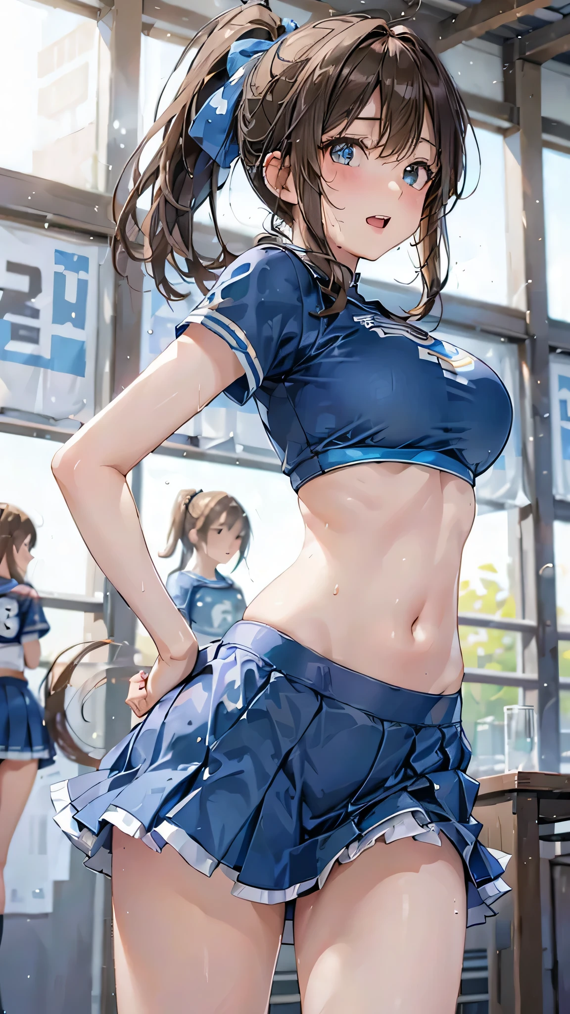 ((highest quality、Masterpiece、High resolution))、(((Photographed from the crotch up:2.5、Cute Smile:1.5、blush:1.5、White liquid:1.5、、bukkake sex:2.5、bukkake sex、Wet body:2.5、Wet body、Wet Hair:2.5、Wet Hair、Creampie:2.5、Creampie、Large Breasts、Cleavage)))、(Cheerleader、Brown Hair、Ponytail Hair、toilet)