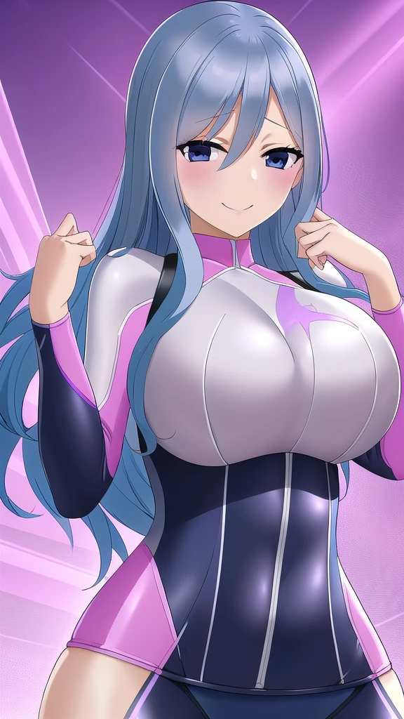  Erotic、Juvia、Light blue hair、Big Breasts, Alone、 White and pink wetsuit　Rash guard, Purple evil background、 Best Quality, Detailed face, Detailed eyes, High resolution,、Evil female executive、Wicked Smile、Sexy pose、Fallen into evil、Fall into Darkness、Dark Side、excited、lure