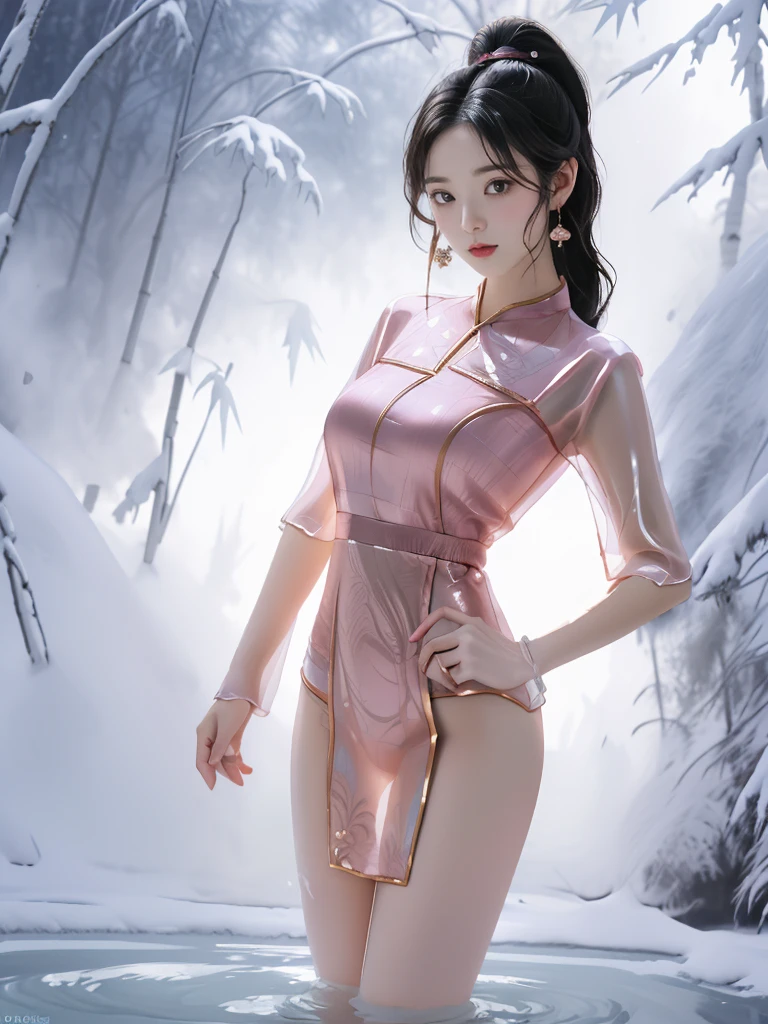 ((A woman)), 美丽脸庞的Sexy中国华裔女明星, 穿着Pink乳胶内衣, Wearing a transparent latex nurse uniform, (((Light theme, Exposing the subject, Sexy主题)))
((Transparent clothes: 1.5), (Revealing clothes: 1.5),  (Wet clothes:1.0), (Color of clothes: Pink), ((Wearing transparent clothing)))
(((night, Private hot spring, Surrounded by fog, Dense bamboo forest, Standing in the water, Snow Scene))),
((desktop:1.0), (Highest quality:1.0), (high resolution:1.2), (Reality:1.0))
((8K Ultra HD, 8K, 超high resolution, Best quality, Super Fine, Clear focus. Masterpieces, complete pattern, Ultra HD, Detailed photos, Best image quality，Ultra-clear，Delicate facial features，Well-defined, Highly rated works, Close-up depth of field photography, Above the knee, Symmetrical character)), 
((Creating the image of a real girl), Realistic shadows, Soft lighting, Dynamic Angle, Dynamic poses, Elegant Posture, Cowboy lens, Full body front view, Be confident, Facing the camera, Eyes looking towards camera lens, Standing posture, Open your legs slightly, Golden Ratio Graphics, Minimalism, Center the character), 
( Smile, Sexy的, Balanced Eyes, Realistic eyes, Beautiful details of the eyes,Pretty Face, (Realistic face), Normal facial features, Realistic skin, Pay attention to skin details, Skin is clean and radiant, Whitening, Anatomically correct body, Golden ratio figure, Sexy的身材), 
(Perfect makeup, Gloves, earrings, bracelet, necklace, Jewelry, Hair accessories, shawl, sock, Knee socks, 吊garter, Leg ring, garter, 腿部garter), 
((beautiful hair), Dark black hair, Wavy curly hairstyle, Waist-length hair, Messy Hairstyle, Gradient hairstyles, Cyberpunk Hairstyle, High double ponytail hairstyle), 
(Sexy的, Perfect breast shape, Teardrop chest shape, Snow-white breasts, Very detailed breasts, 34C cup), 
(Super high waist, Deep V, Low-cut, Sexy, Flattering, Open crotch, (Clear camel toe, (High fork strangulation))),
(((Clear outline, Clear underwear, 透明Sexy的穿着)))