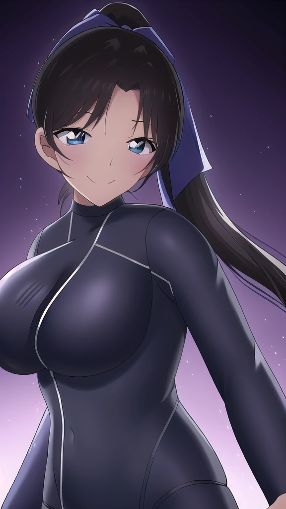  Erotic、Long ponytail volume、Ribbon hair tie、Big Breasts, Alone,teacher、 Navy blue wetsuit　Rash guard, Purple evil background、 Best Quality, Detailed face, Detailed eyes, High resolution,、Evil female executive、Wicked Smile、Sexy pose、Fallen into evil、Fall into Darkness、Dark Side、excited、lure