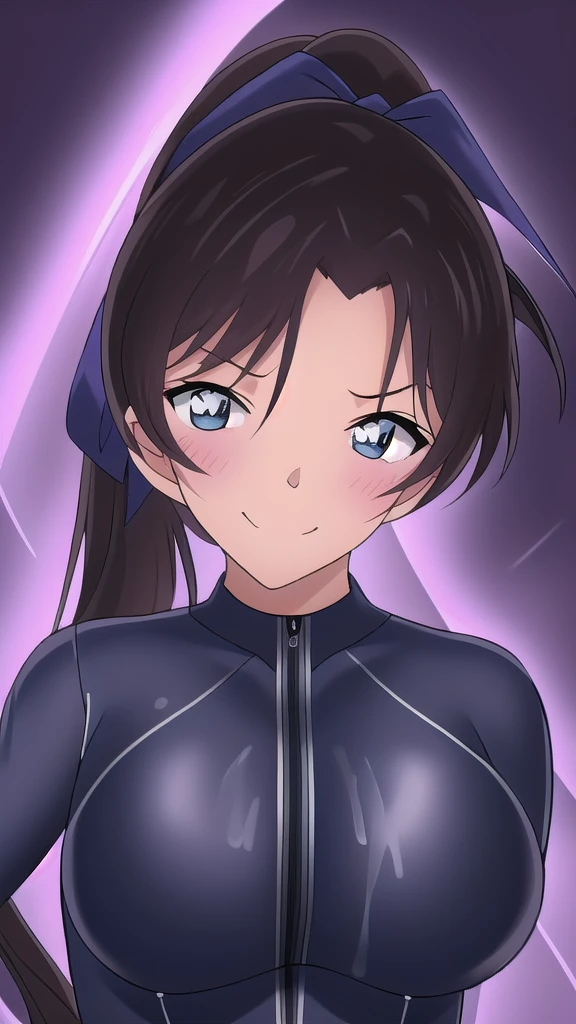  Erotic、Long ponytail volume、Ribbon hair tie、Big Breasts, Alone,teacher、 Navy blue wetsuit　Rash guard, Purple evil background、 Best Quality, Detailed face, Detailed eyes, High resolution,、Evil female executive、Wicked Smile、Sexy pose、Fallen into evil、Fall into Darkness、Dark Side、excited、lure