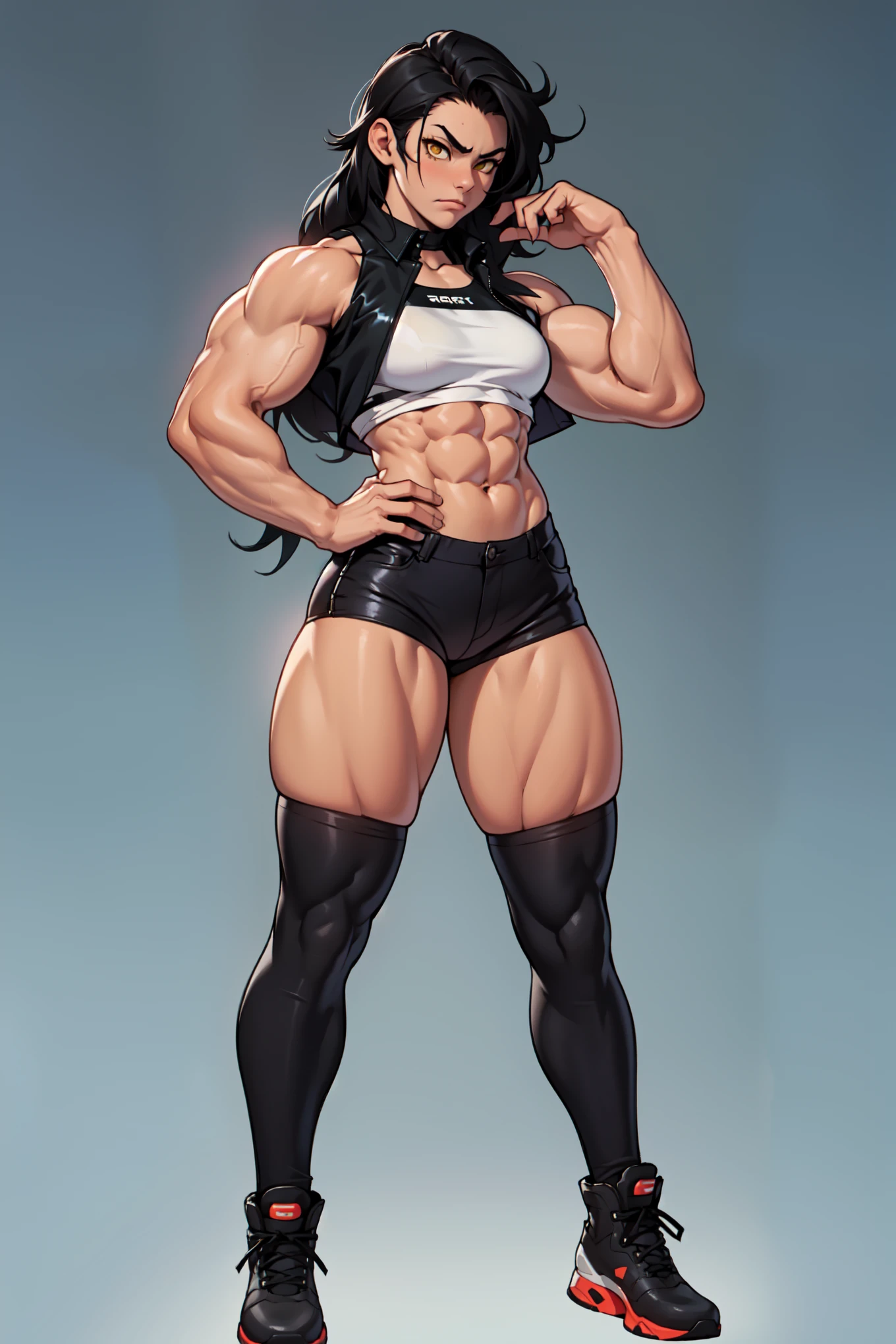 girl solo standing muscular girl toned body large breasts thick yellow eyes black hair pale skin perfect anatomy perfect anatomy perfect anatomy muscular girl toned body large breasts thick muscular girl toned body large breasts