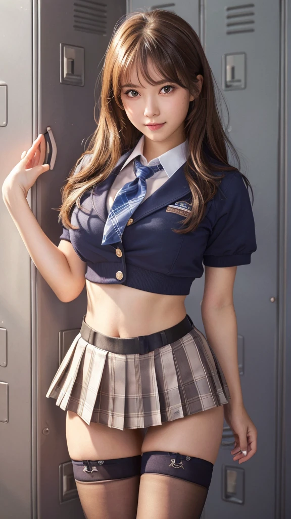 (8k, RAW Photos, highest quality), Stand in the classroom of school, (((((((One woman))))))), ((brown hair)), ((Semi-long hair)), ((Detailed eyes)), ((smile)), ((Red tie)), (((Dark blue closed blazer))), (((A blue plaid pleated miniskirt that wraps around the hips))), Asymmetrical bangs, 少しのsmile, Thighs, knees, Random pose,pretty girl,Slender girl