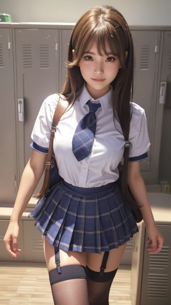 One woman、、28 years old、、Idol、、((whole body))、、、Stylish、、Cute face、、、、ponytail、Flashy hair color、、Dynamic pose、、Excited expression、Head to Toe、、、(Big Breasts)、Pose like an idol、、((full BODY))、、(full shot)、、Twin tails、、high school student、、、(uniform)、、、(mini skirt)、、、(round face)、、、Checked skirt、、、、((classroom))、、、((Lots of girls))