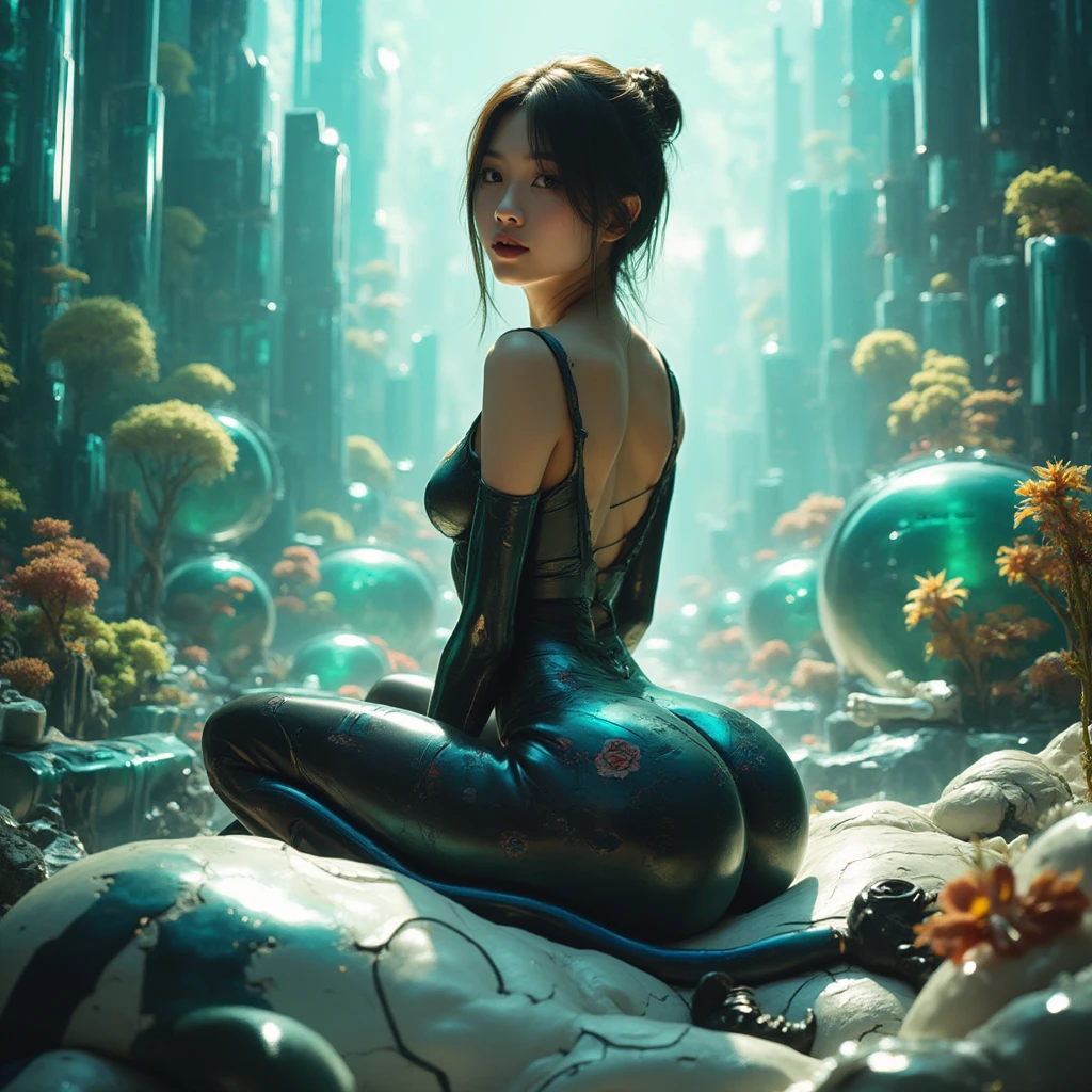 1girl, ass,solo,Sitting astride,shiny legging, Axisymmetric compositiotomically correct,Futuristic sci-fi background,Glass plants,Fractal pattern,Looking back and smiling,beautiful,(Best quality,4K,8K,A high resolution,Masterpiece:1.2), (Realistic,Photorealistic,photo-realistic:1.37).
