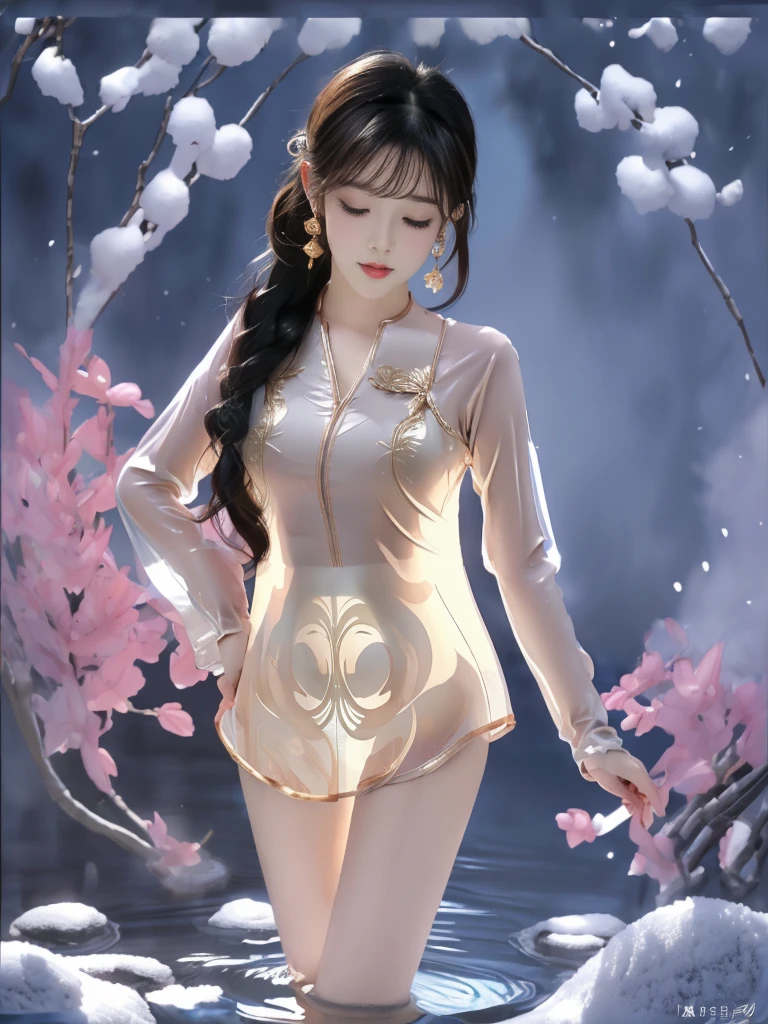 ((A woman)), 美丽脸庞的Sexy中国华裔女明星, 穿着Pink乳胶内衣, Wearing a transparent latex nurse uniform, (((Light theme, Exposing the subject, Sexy主题)))
((Transparent clothes: 1.5), (Revealing clothes: 1.5),  (Wet clothes:1.0), (Color of clothes: Pink), ((Wearing transparent clothing)))
(((night, Private hot spring, Surrounded by fog, Dense bamboo forest, Standing in the water, Snow Scene))),
((desktop:1.0), (Highest quality:1.0), (high resolution:1.2), (Reality:1.0))
((8K Ultra HD, 8K, 超high resolution, Best quality, Super Fine, Clear focus. Masterpieces, complete pattern, Ultra HD, Detailed photos, Best image quality，Ultra-clear，Delicate facial features，Well-defined, Highly rated works, Close-up depth of field photography, Above the knee, Symmetrical character)), 
((Creating the image of a real girl), Realistic shadows, Soft lighting, Dynamic Angle, Dynamic poses, Elegant Posture, Cowboy lens, Full body front view, Be confident, Facing the camera, Eyes looking towards camera lens, Standing posture, Open your legs slightly, Golden Ratio Graphics, Minimalism, Center the character), 
( Smile, Sexy的, Balanced Eyes, Realistic eyes, Beautiful details of the eyes,Pretty Face, (Realistic face), Normal facial features, Realistic skin, Pay attention to skin details, Skin is clean and radiant, Whitening, Anatomically correct body, Golden ratio figure, Sexy的身材), 
(Perfect makeup, Gloves, earrings, bracelet, necklace, Jewelry, Hair accessories, shawl, sock, Knee socks, 吊garter, Leg ring, garter, 腿部garter), 
((beautiful hair), Dark black hair, Wavy curly hairstyle, Waist-length hair, Messy Hairstyle, Gradient hairstyles, Cyberpunk Hairstyle, High double ponytail hairstyle), 
(Sexy的, Perfect breast shape, Teardrop chest shape, Snow-white breasts, Very detailed breasts, 34C cup), 
(Super high waist, Deep V, Low-cut, Sexy, Flattering, Open crotch, (Clear camel toe, (High fork strangulation))),
(((Clear outline, Clear underwear, 透明Sexy的穿着)))