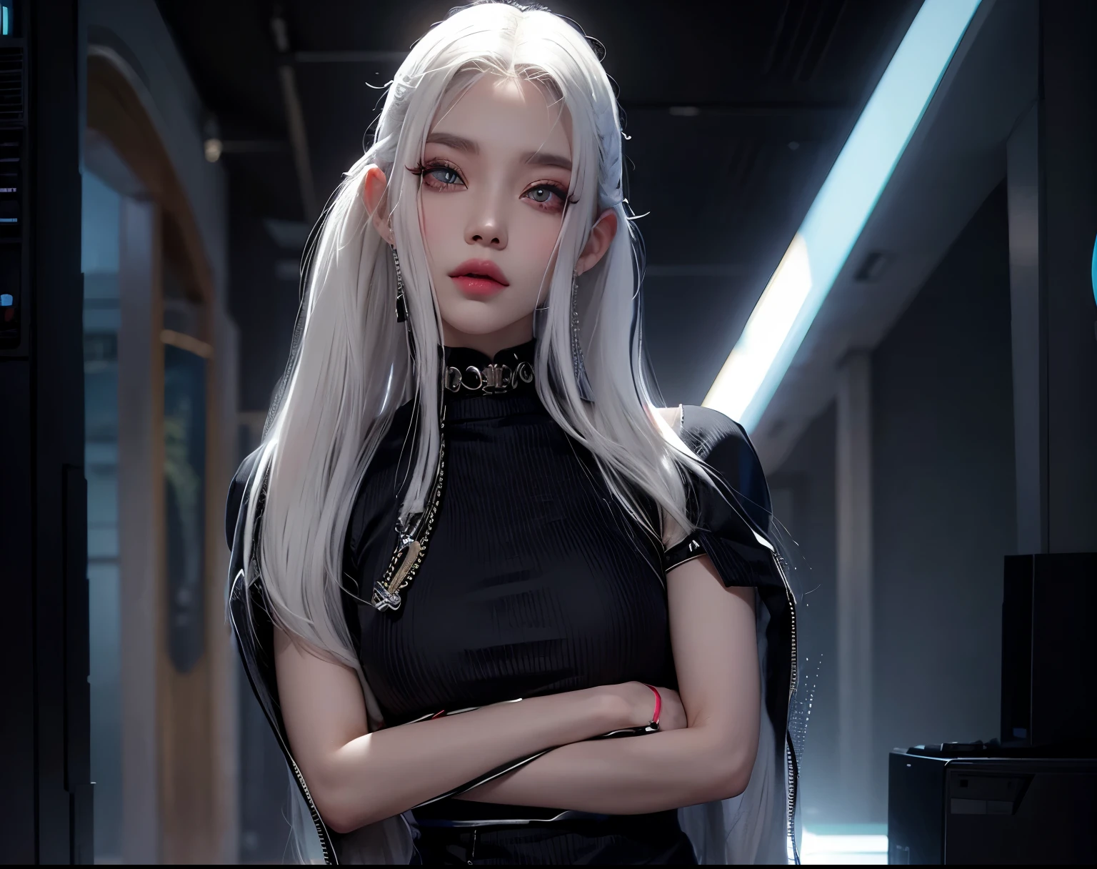 aVATAR SECOND LIFE Korean girl wearing black top, White hair, White hair White hair, Asian, Perfect and detailed face, imvu, maximalist details, AVATAR SECOND LIFE Korean blusa , neon