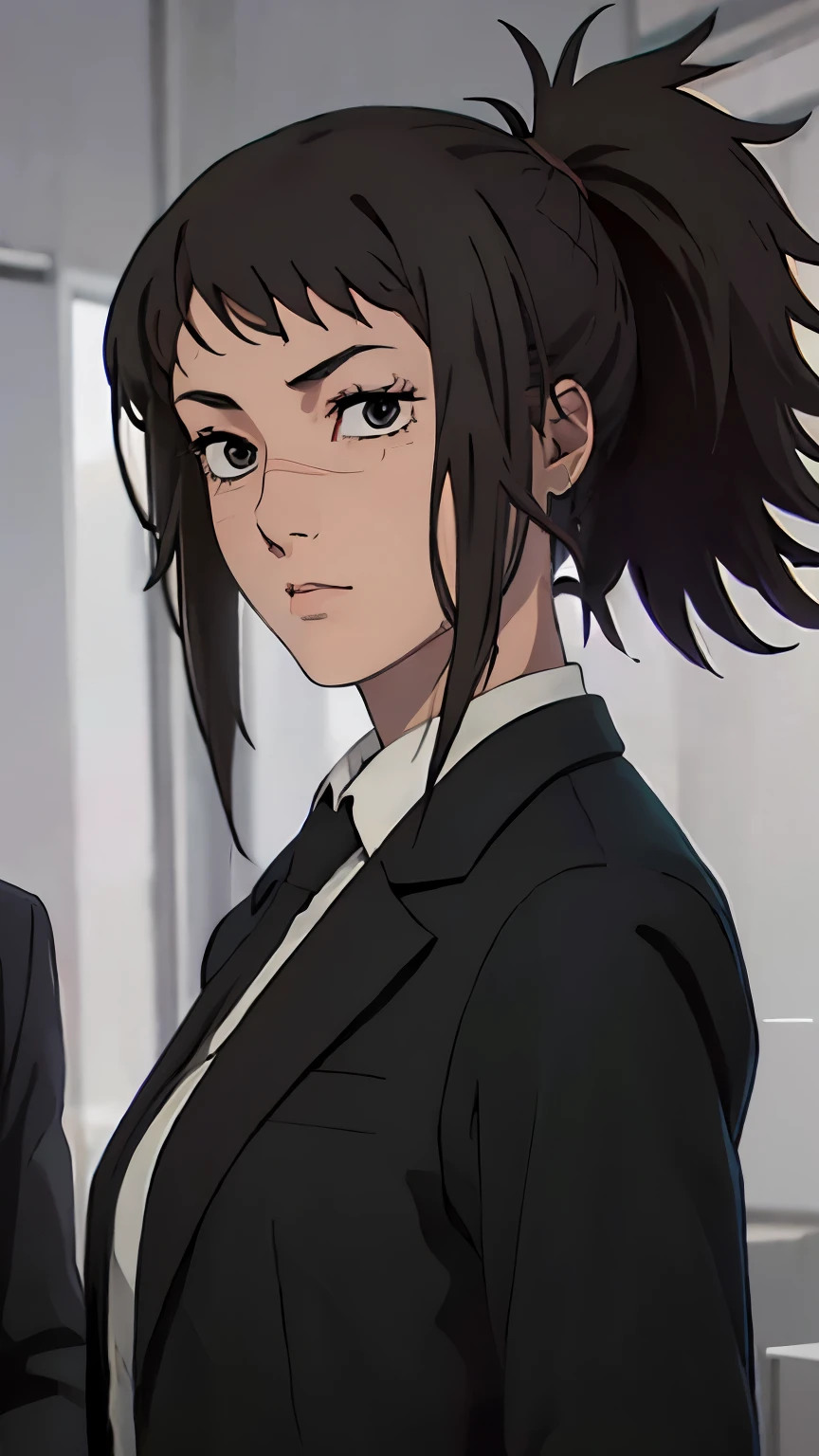 { masterpiece : best quality : high resolution : unity 8k wallpaper : illustration : beautiful detailed eyes : extremely detailed face : perfect lighting : extremely detailed CG : perfect hands : perfect anatomy } {retro_anime_filter} { luxury_room }  { 1girl : Asami_Sato : cute_face :  ( ponytail, black hair, scar, sidelocks, scar on face) :   : Perfectly_medium_shaped_breast : Perfectly_fit_body  : serious : ( formal, suit, scar, shirt, collared shirt, white shirt, jacket, black jacket  } { standing :  }