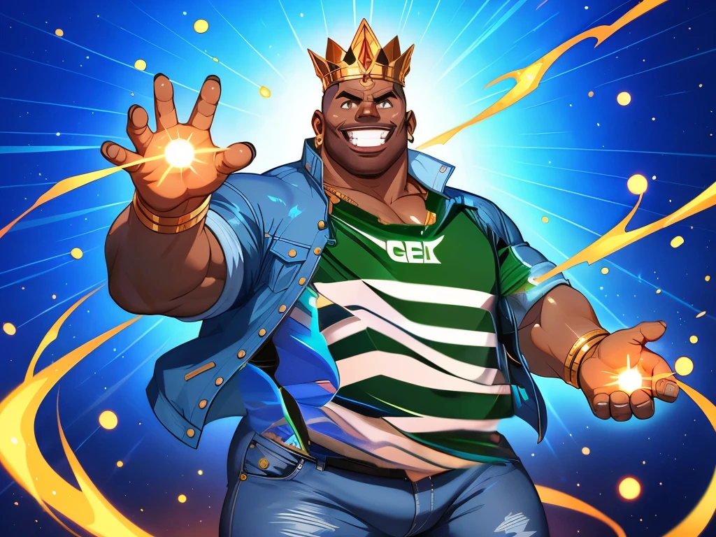 , score_9,score_8_up,score_7_up,score_6,score_5_up,score_4_up mature men, African skin, Bright eyes, short black hair, bulk body shape,  belly chubby , wearing a blue jacket and withe shirt, jeans pants, a golden crown shining on his head, a energy particles magic circles on his hands, action painting 