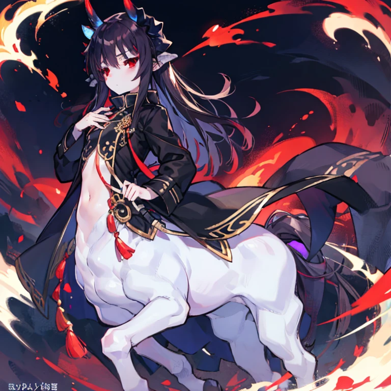 Centaur、Flat chest、Black long sleeve coat、Red eyes、horn、Petite、Upper Body Center、Single