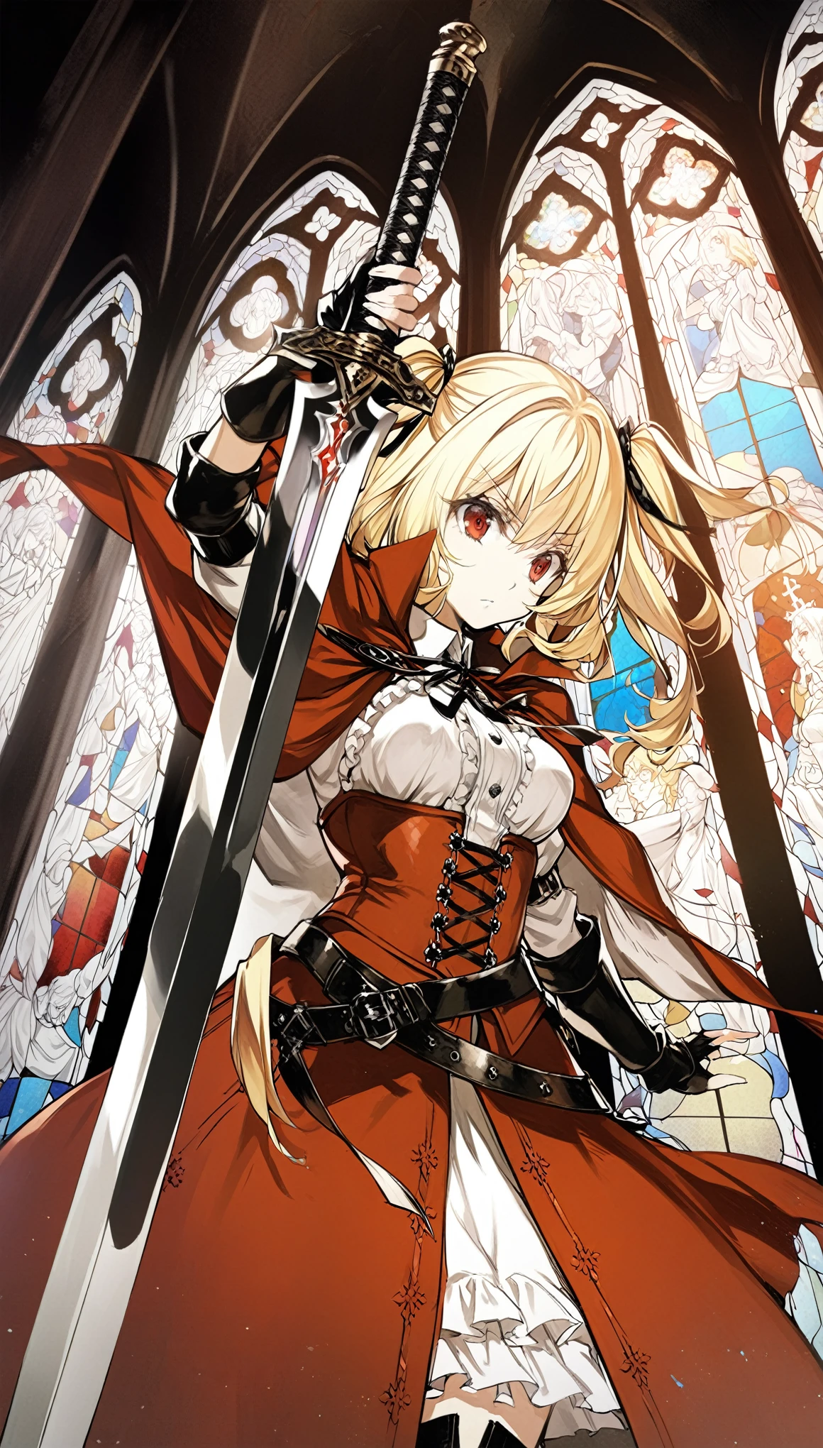 1girl, solo, cowboy shot, white shirts, red long cape cloak, red corset, frills red skirt, black fingerless gloves, knee boots, blonde, two side up, red eye,
Sword carried diagonally, Anime Girls, dutch angle, acrobatic pose, Gloomy painting style, holding a sword, church, stained glass
Score_9,Score_8,score_7_up,source_anime, rating_questionable,